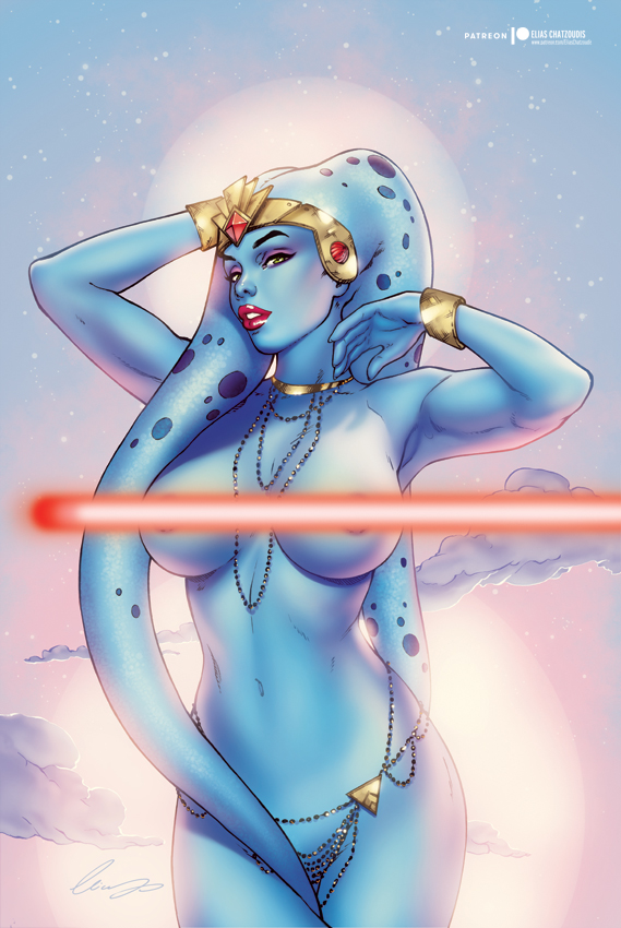 alien arm_band barely_clothed belly blue_skin convenient_censoring elias_chatzoudis harem_girl large_breasts lightsaber necklace necklace_between_breasts necklaces rutian_twi'lek slave star_wars text twi'lek