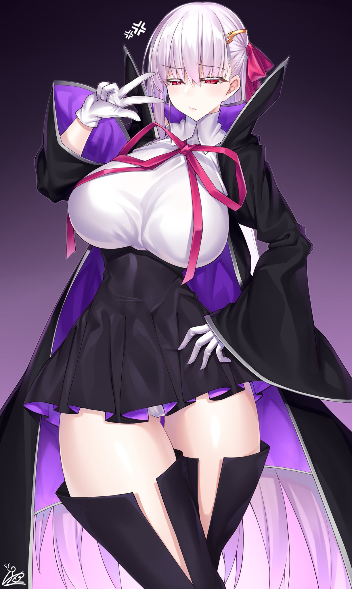 annoyed, bb (fate), big breasts, breasts, cosplay, fate (series), fate/extra ccc, fate/grand order, female, gloves, hair ribbon, huge breasts, kama (fate/grand order), light skin, light-skinned female, long hair, miniskirt, pale skin, pale-skinned female, panties, peace sign, red eyes, silver hair, thick thighs, thighhighs, watosu (watosu mama), white hair