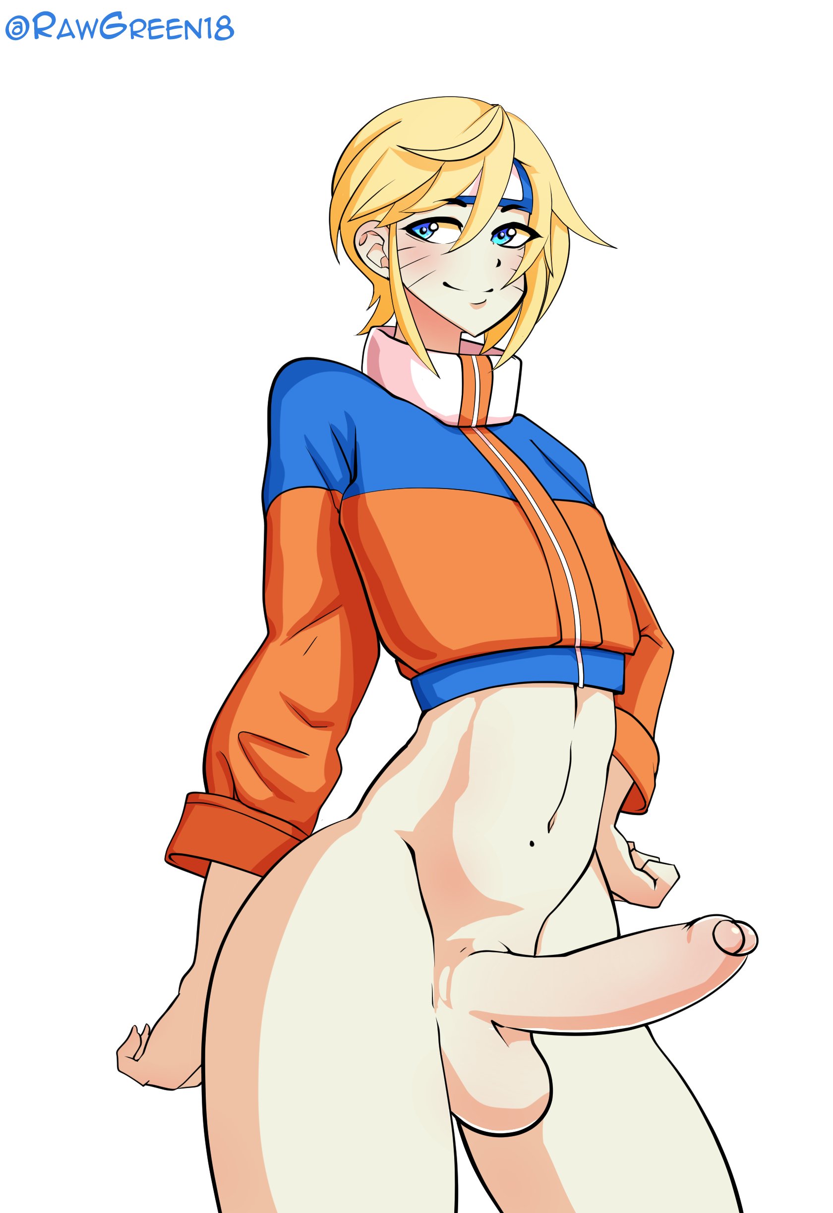 1boy, androgynous, artist name, balls, big penis, blonde, blonde hair, blue eyes, bottomless, clothing, curvy, erection, eyelashes, face markings, femboy, feminine male, girly, hair between eyes, head band, headband, highres, huge penis, hung trap, jacket, large penis, long sleeves, looking away, looking to the side, male, male only, naruko, naruto, naruto (series), naruto uzumaki, navel, ninja, ninja headband, partially clothed, penis, rawgreen, short hair, sissy, smile, smiling, solo, standing, testicles, thick thighs, trap, uzumaki naruto, whisker markings, white background, wide hips
