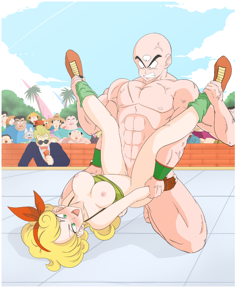 3_eyes 6+boys abs areolae arm_grab bad_launch bald blonde_hair blue_sky bottomless breasts breasts_out caisama chest_scar dragon_ball dragon_ball_(classic) female green_eyes green_shirt hairband kneeling large_breasts launch leg_grab long_hair lunch_(dragon_ball) male male_focus multi_arm multi_eye multi_limb multiple_boys muscle nipples outdoors red_hairband scar sex shirt shounen_jump sky sunglasses tenshinhan tien_shinhan wavy_hair world_tournament_announcer