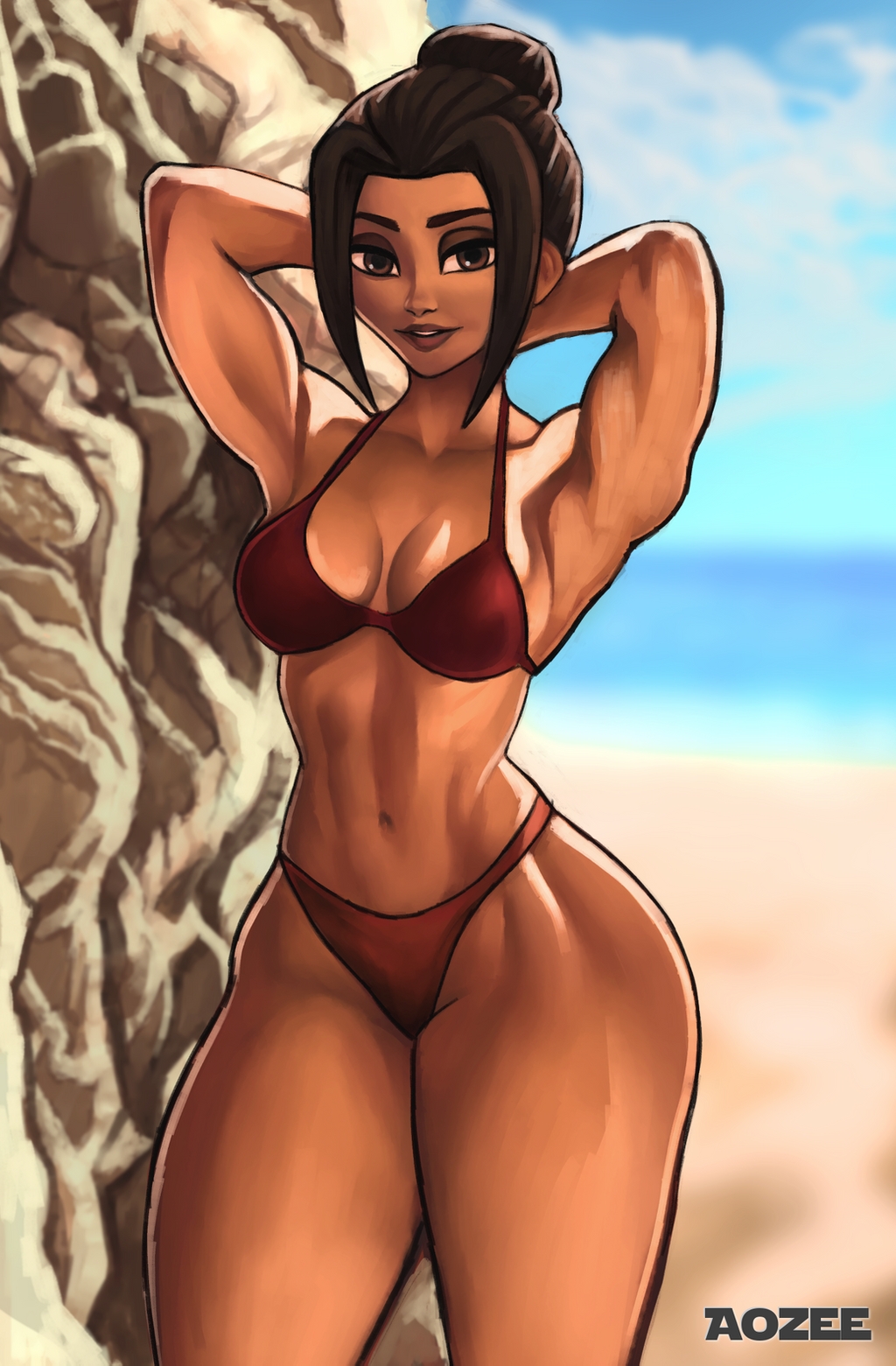 1girls aozee armpits arms_up avatar_the_last_airbender azula big_thighs bikini breasts brown_eyes brown_hair cleavage clothed clothed_female female female_only hair_bun looking_at_viewer medium_breasts muscular muscular_female nickelodeon solo standing swimsuit thick_thighs tied_hair toned toned_female wide_hips