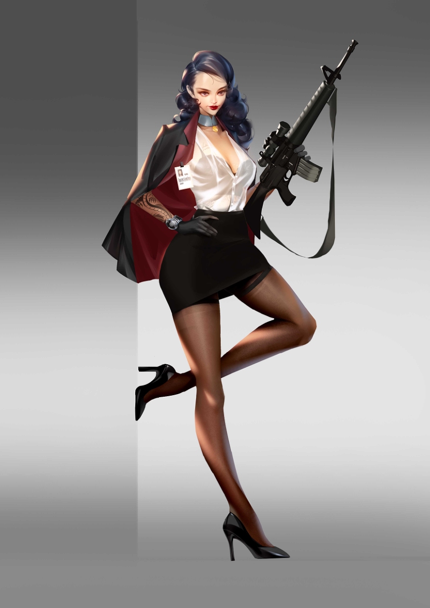 artist_request bra cleavage coat gloves gun hands_on_hip heels rifle see-through see-through_clothing skirt solo thick_thighs thighhighs weapon wild_bird_(artist)