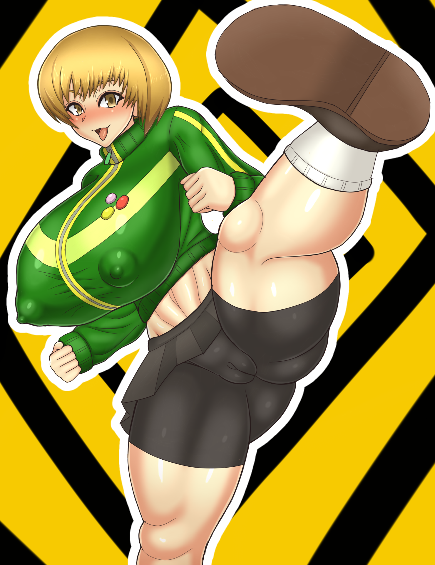 atlus, big breasts, bike shorts, bottomwear, breasts, brown eyes, brown hair, cameltoe, clothed female, clothing, ebinacaris, female, female only, human, nipples visible through clothing, outerwear, persona, persona 4, pussy, satonaka chie, shorts, solo, solo female, solo focus, sportswear