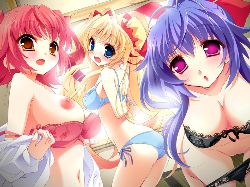 blonde_hair blue_eyes blush bra breasts cleavage crimson_lake cute_fang female female_only game_cg hashizumi_rena lingerie long_hair multiple_girls nipples open_mouth orange_eyes panties purple_eyes purple_hair pussy red_hair rokuhara_marie saijou_touko short_hair source_request underwear undressing youta