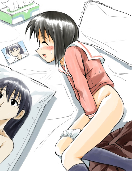 azumanga_daiou black_hair black_kneehighs bob_cut bottomless clothed_masturbation clothing dakimakura dakimakura_(object) female fingering fingering_self kaorin kneehighs lime_agezoko masturbation multiple_girls mutsuki_raimu panties panties_around_one_leg panty_pull photo_(object) pillow sakaki school_uniform socks white_background white_panties yuri