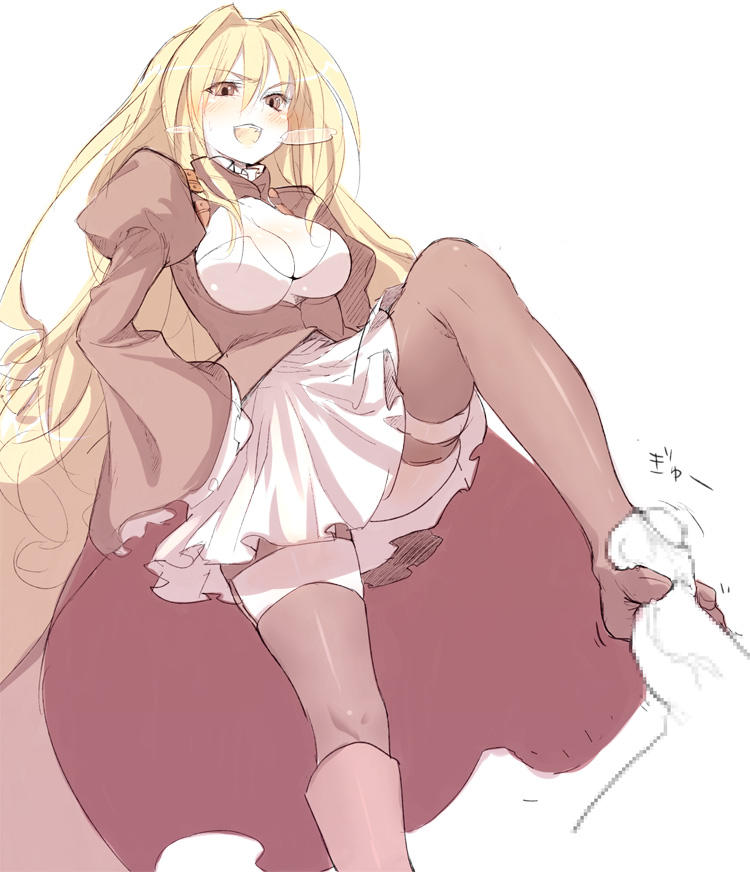 blonde_hair blush buriki censored clothing feet femdom footjob footjob_with_legwear foreskin hand_on_hip long_hair looking_down malesub medium_breasts penis sekirei skirt small_penis smile squeezing standing standing_footjob stockings thigh_strap thighhighs toes tsukiumi