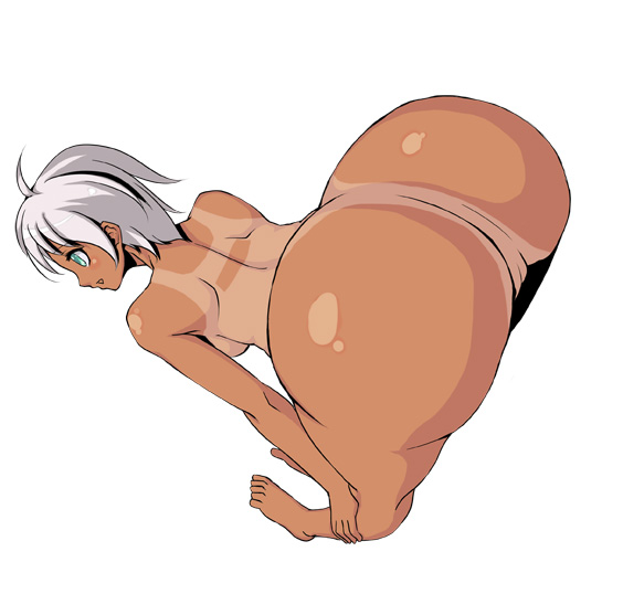 bent_over blue_eyes blush breasts copyright_request female huge_ass nude pussy short_hair sideboob solo tan tanline uncensored white_hair yama_ji