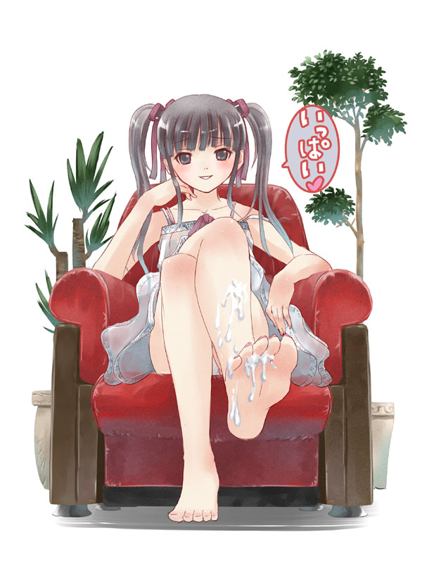 blush chair cum feet kakuno nail_polish original plant ribbon sitting tied_hair twintails