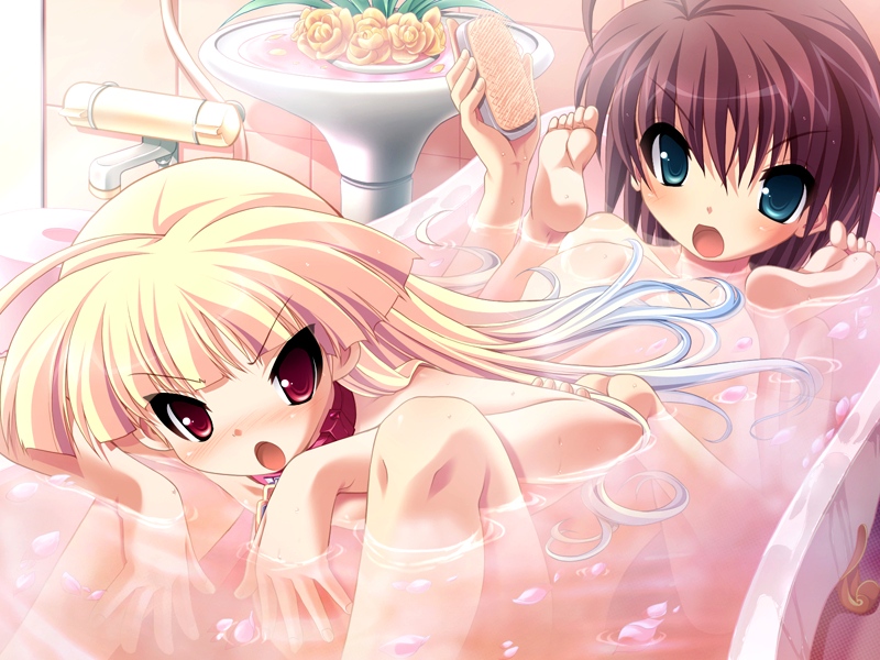 :o barefoot bath blonde_hair brown_hair chains collar feet female female_only flower game_cg gouen_no_soleil green_eyes huge_eyes multiple_girls nanashiki_rin nude open_mouth red_eyes shared_bathtub soles souryuu_nagare tiles tsurugi_hagane