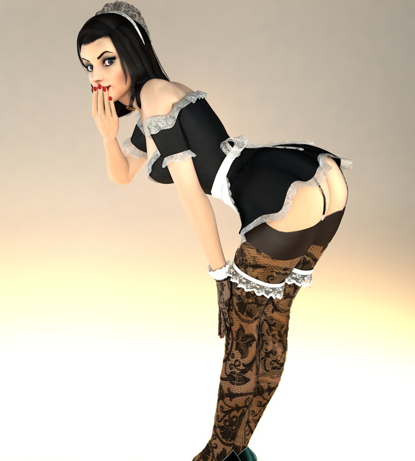 1girls, 3d, bioshock, bioshock infinite, brown hair, burial at sea, elizabeth comstock, elizabeth comstock (burial at sea), female, female only, floral print, light skin, light-skinned female, maid, pseudonym3d, solo, tagme, upskirt