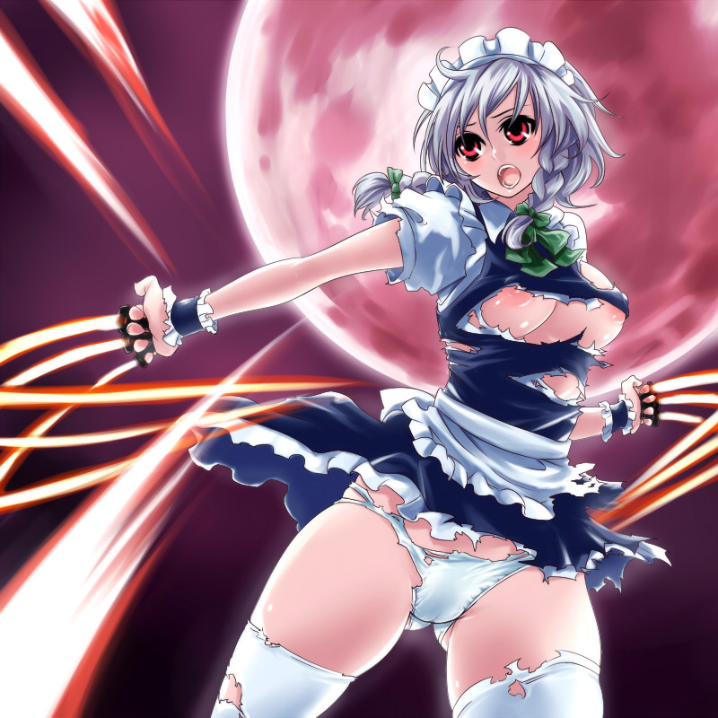 areola areolae braid breasts danmaku female female_only human kuroino nipples panties red_eyes sakuya_izayoi short_hair silver_hair solo the_embodiment_of_scarlet_devil thighhighs torn_clothes torn_panties torn_thighhighs touhou twin_braids underboob underwear white_legwear white_thighhighs