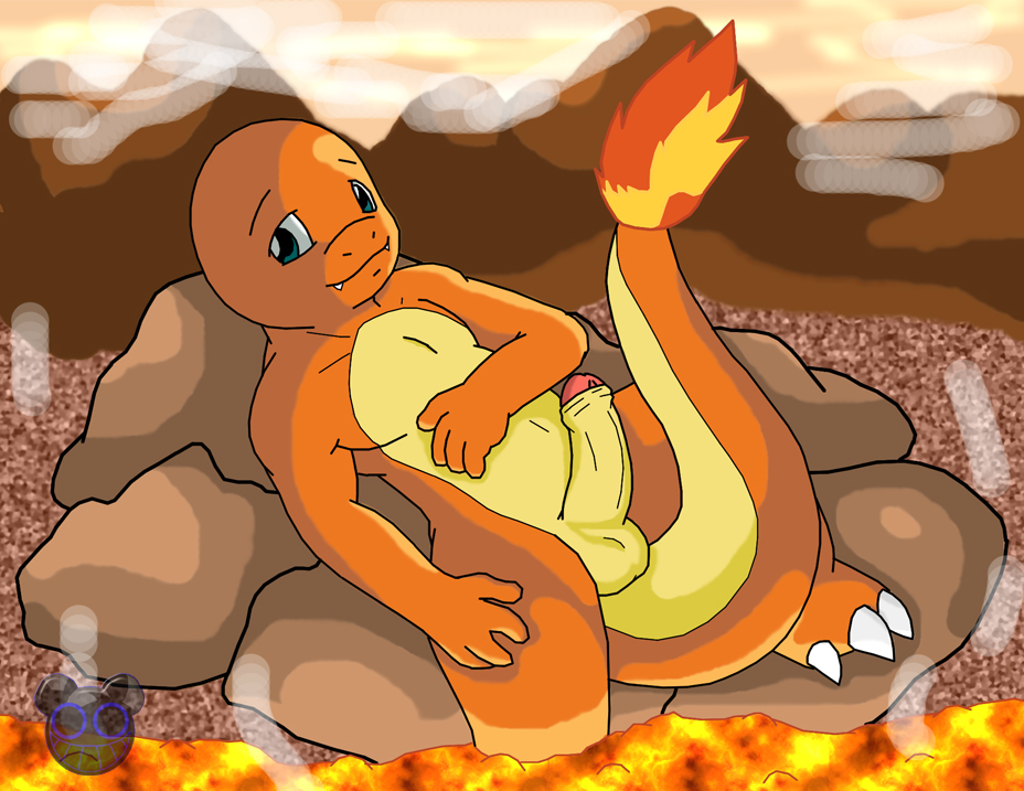 anthro barefoot charmander claws color fangs fire lava male male_only nintendo nude orange_skin penis pokémon_(species) pokemon pokemon_rgby solo tagme tail tail_fire