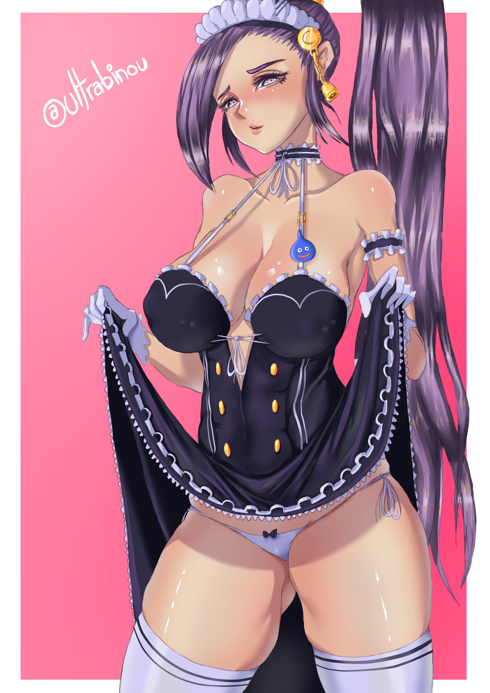 artist name, blush, breasts, clothing, cowboy shot, curvaceous, dragon quest, dragon quest xi, dress, dress lift, female, hanging breasts, high resolution, jade (dq11), large breasts, light skin, light-skinned female, looking at viewer, maid, panties, pantsu, solo, standing, stockings, thick thighs, thighhighs, thighs, ultrabinou, underwear, voluptuous, wide hips
