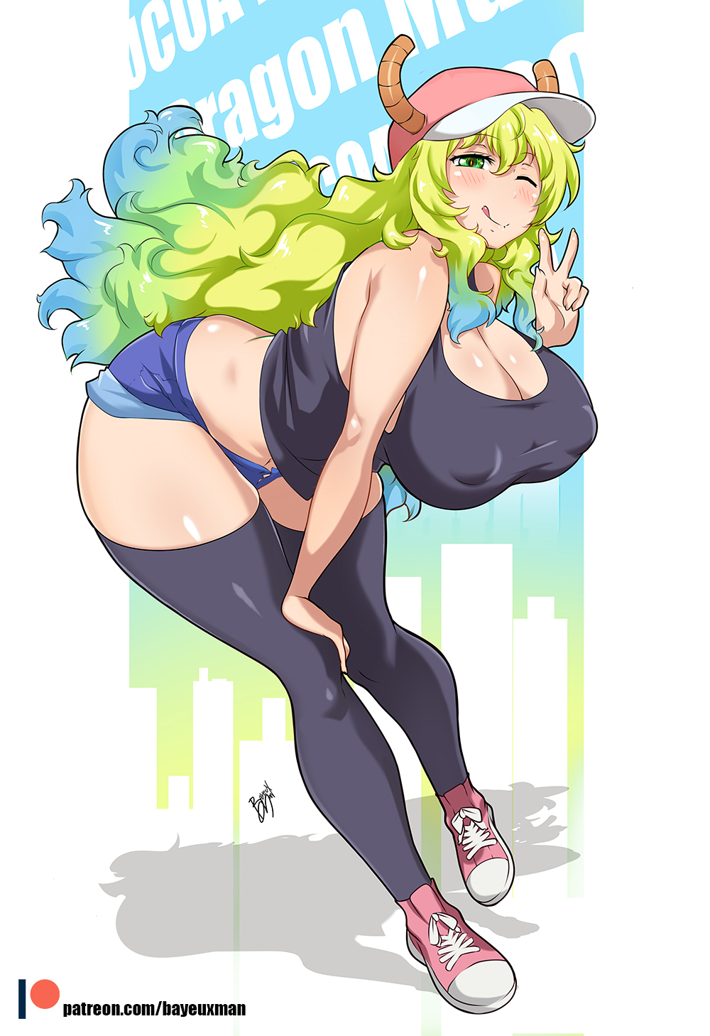 1girls, bayeuxman, bent over, big breasts, breasts, cleavage, denim shorts, eye contact, female, full body, hat, horns, large breasts, long hair, looking at viewer, minishorts, miss kobayashi's dragon maid, multicolored hair, nipple bulge, one eye closed, quetzalcoatl (dragon maid), shoes, short, shorts, sneakers, solo, thick thighs, thighhighs, thighs, tight clothing, v