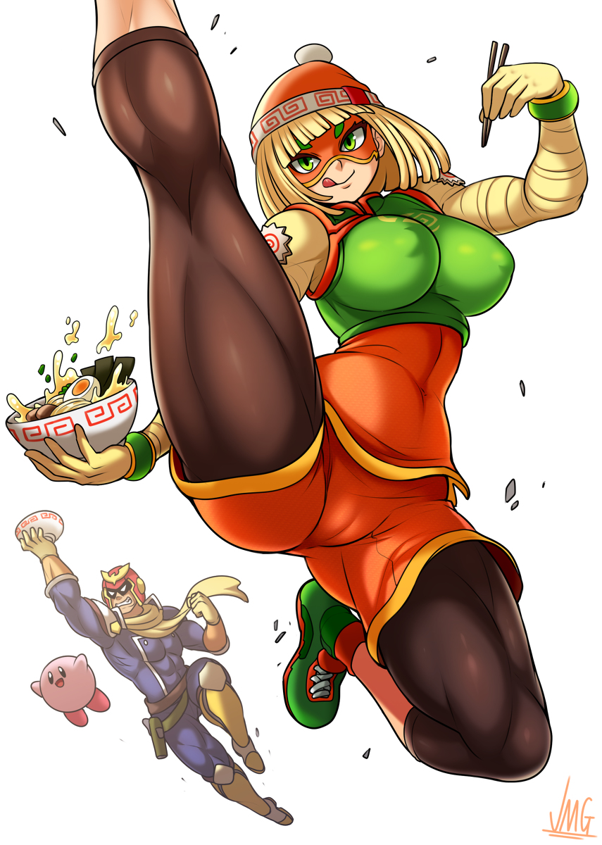 1girls, 2boys, alternate breast size, arms (game), breasts, captain falcon, clothing, f-zero, female, huge thighs, kirby, kirby (series), male, min min (arms), muscles, nintendo, nipples, super smash bros., teenager, thick thighs, thighs, voluptuous