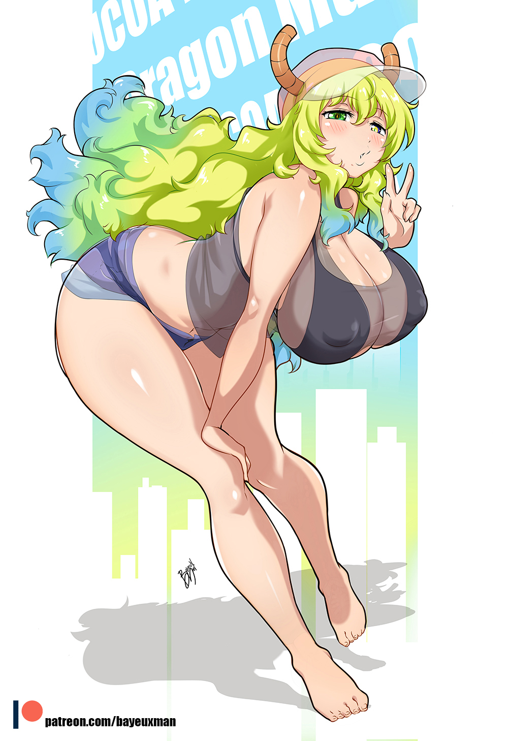 1girls, bayeuxman, big breasts, breasts, eyebrows, female, hat, horns, large breasts, long hair, looking at viewer, minishorts, miss kobayashi's dragon maid, multicolored hair, nipple bulge, quetzalcoatl (dragon maid), short, straight, thick thighs, thighs, transparent clothing