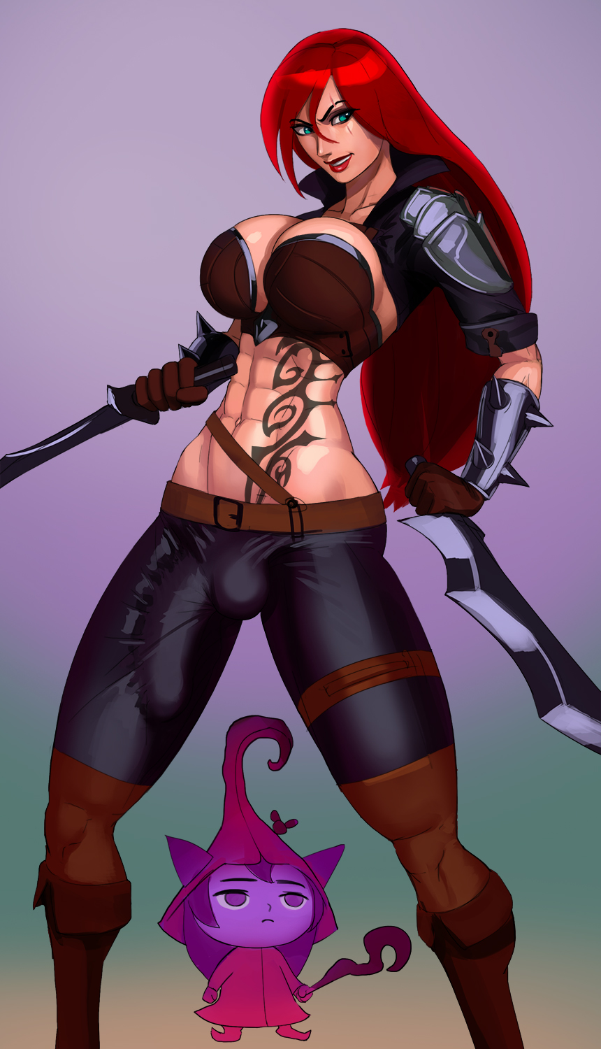 1futa, 1girls, abs, aka6, ass, balls, big ass, big balls, big breasts, big penis, blue eyes, breasts, bubble ass, bulge, cleavage, dickgirl, erection, erection under clothes, eye scar, female, futa only, futa with female, futanari, intersex, katarina du couteau, large breasts, league of legends, lulu the fae sorceress, penis, penis under clothes, red hair, riot games, scar, solo focus, tattoo, testicles, yordle