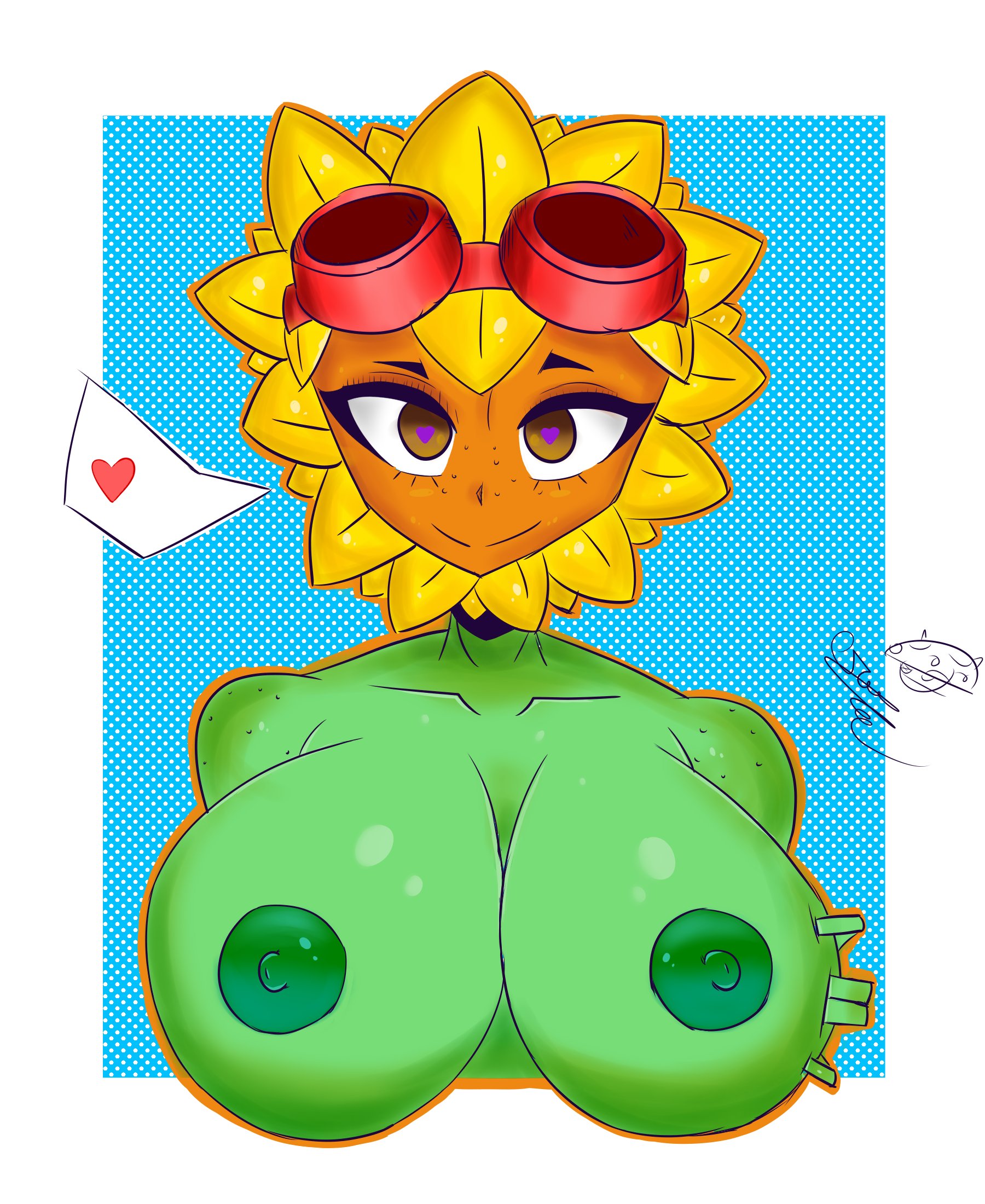 <3, 1girls, anthro, anthrofied, areola, areolae, aroused, bedroom eyes, big breasts, blue background, breast grab, breasts, brown eyes, busty, cleavage, eyebrows, eyelashes, female, female only, fingers, flower, freckles, freckles on shoulders, goggles, goggles on head, green nipples, green skin, half-closed eyes, heart, heart-shaped pupils, highres, huge breasts, large breasts, leaf, leaf hair, leaves, looking at viewer, monster, monster girl, naked, nipples, no bra, nude, nude female, nudity, orange skin, petals, plant, plant girl, plantie, plants vs zombies, plants vs zombies: heroes, red goggles, seductive, seductive eyes, seductive look, seductive smile, sexually suggestive, signature, simple background, smile, smiling, smiling at viewer, solar flare (pvz), solo, solo female, speech bubble, spoken heart, sunflower, topless, tr yithaz, voluptuous, watermark, white border