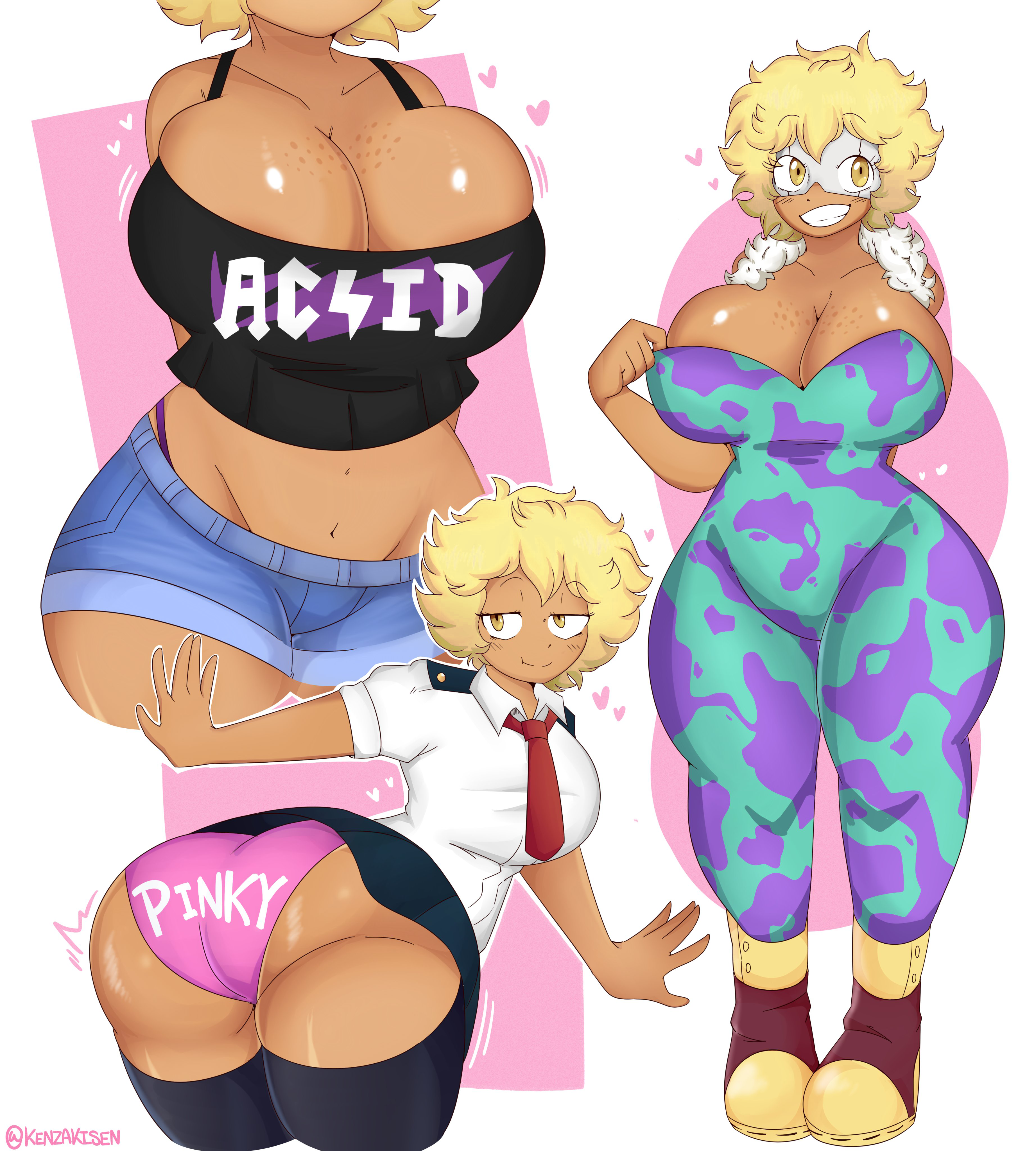 already uploaded, alternate skin color, blonde hair, breast squeeze, breasts, curvy, female, female only, gyaru, hero outfit (mha), hi res, highres, humanized, mina ashido, my hero academia, pantyshot, ramenshopkenz, short hair, showing ass, showing breasts, simple background, skin tight, thick thighs