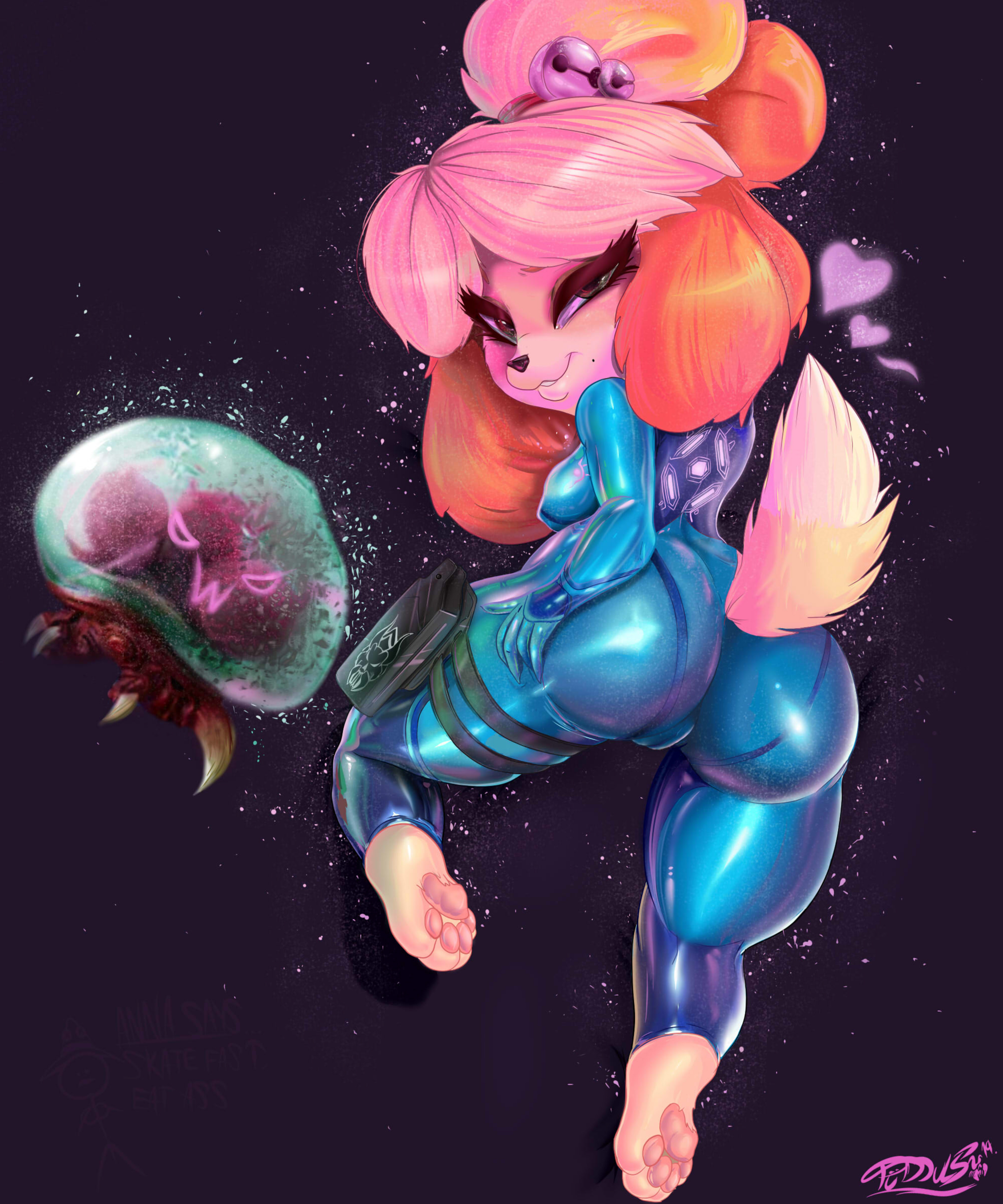 animal crossing, anthro, bodysuit, crossover, female, isabelle (animal crossing), latex, metroid, metroid (creature), nintendo, pinup, samus aran (cosplay), tagme, tudduls, zero suit