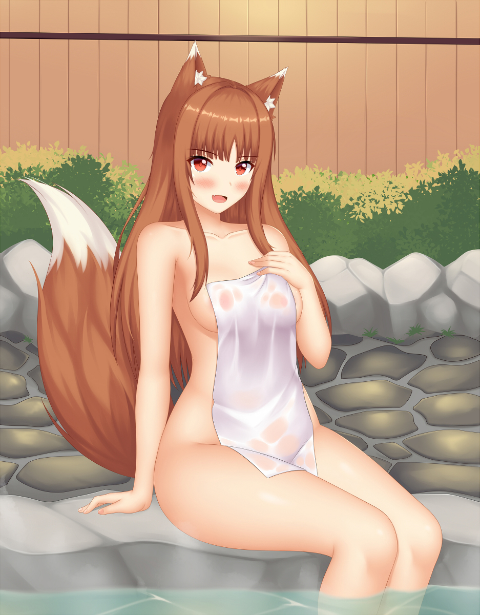 big_ass big_breasts cute fangs holo hot_spring kemonomimi naked shiny_skin spice_and_wolf teasing thighs towel voluptuous wet