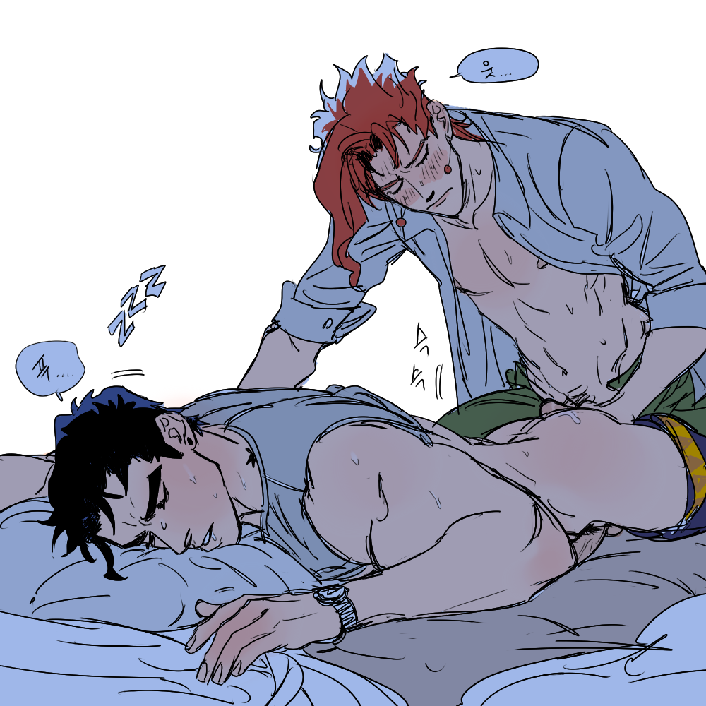 asleep black_hair blush blushing closed_eyes cum drooling dubious_consent earrings exposed_chest gay joestar_birthmark jojo's_bizarre_adventure jotaro_kujo laying_down laying_on_bed laying_on_stomach male noriaki_kakyoin penis_between_ass penis_out questionable_consent red_hair sleeping somnophilia stardust_crusaders sweat sweatdrop sweating sweaty ziguck zzz