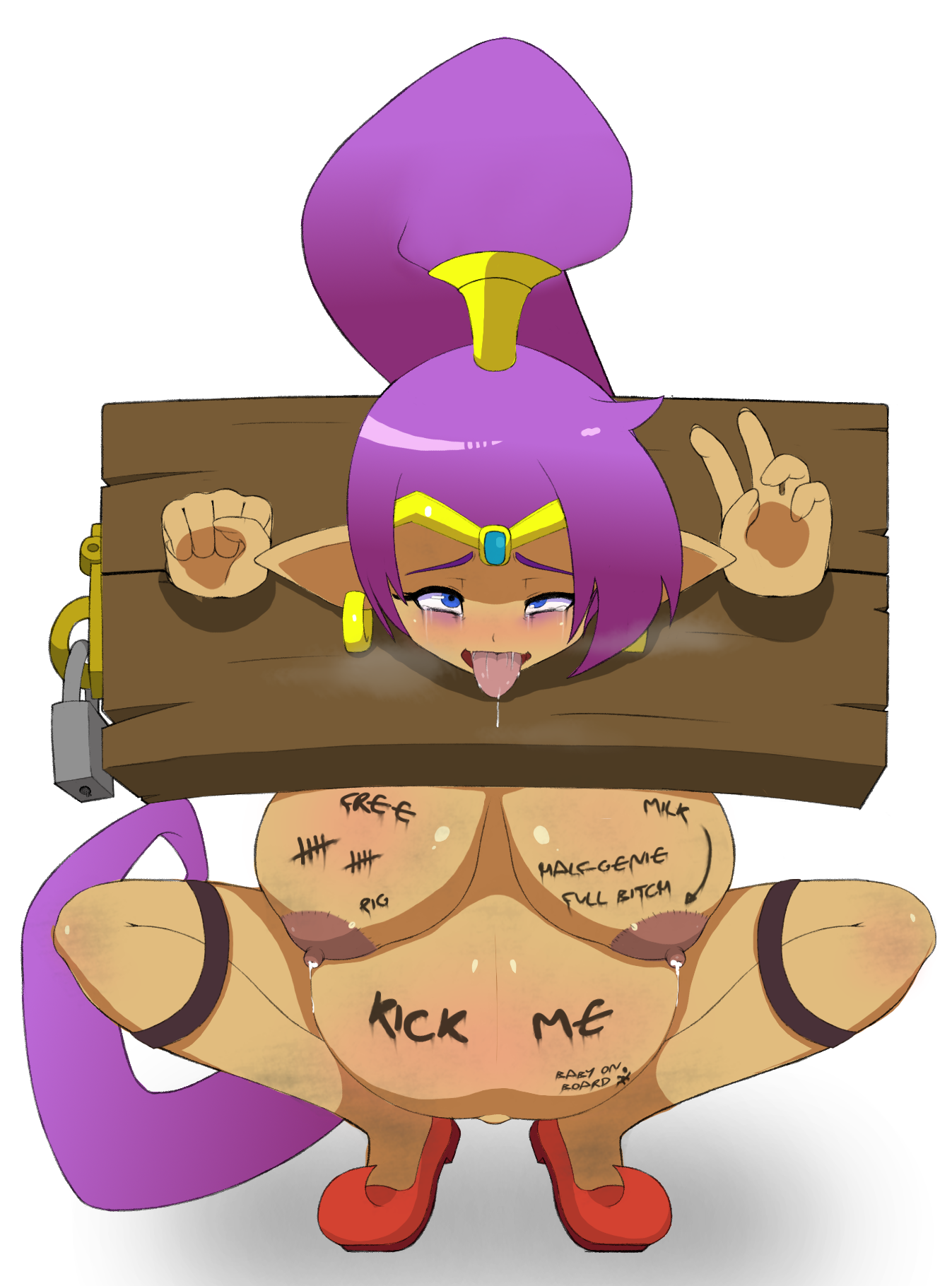 1girls, ahe gao, bad end, body writing, bondage, breasts, colored, dark nipples, dirty, drooling, female, female only, game over, helpless, huge belly, humiliation, lactation, large breasts, lusmiasm, mind break, nipples, nude, pregnant, public use, purple hair, ready to pop, saliva, shantae, shantae (character), slave, solo, squatting, tears, tongue, tongue out, white background