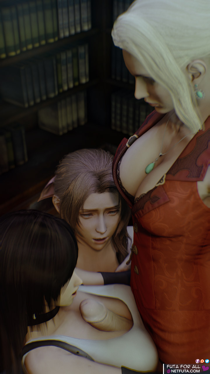 1futa, 2girls, 3d, aerith gainsborough, age difference, black hair, blonde hair, breasts, brown hair, cleavage, female, final fantasy, final fantasy vii, final fantasy vii remake, futa on female, futadom, futanari, group, intersex, large penis, library, light skin, light-skinned female, light-skinned futa, long hair, mature female, mature futa, milf, netfuta, outercourse, paizuri, penis, render, scarlet (ffvii), short hair, source filmmaker, threesome, tifa lockhart