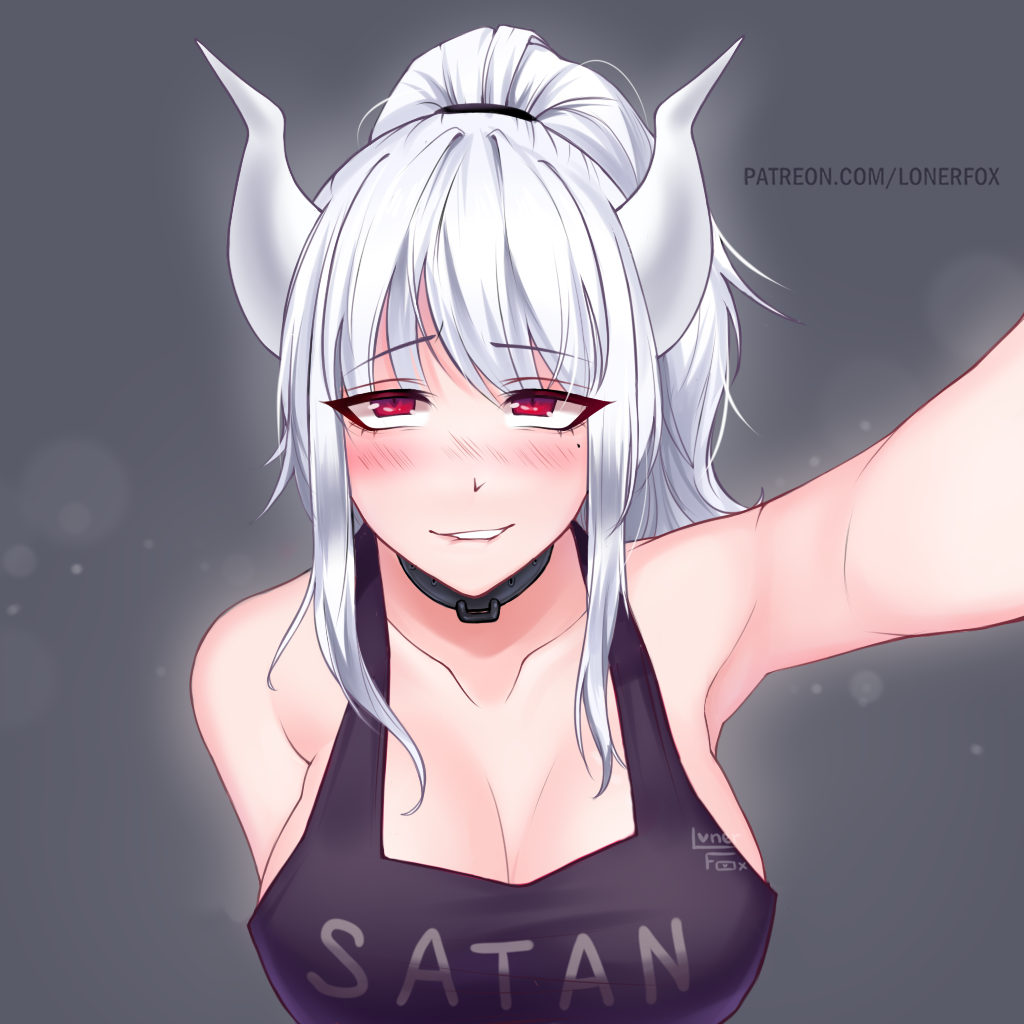 ahe_gao apron blush demon demon_girl helltaker horns lonerfox_(artist) looking_at_viewer lucifer_(helltaker) red_background red_eyes simple_background solo solo_female tail tight_clothing white_hair white_horn