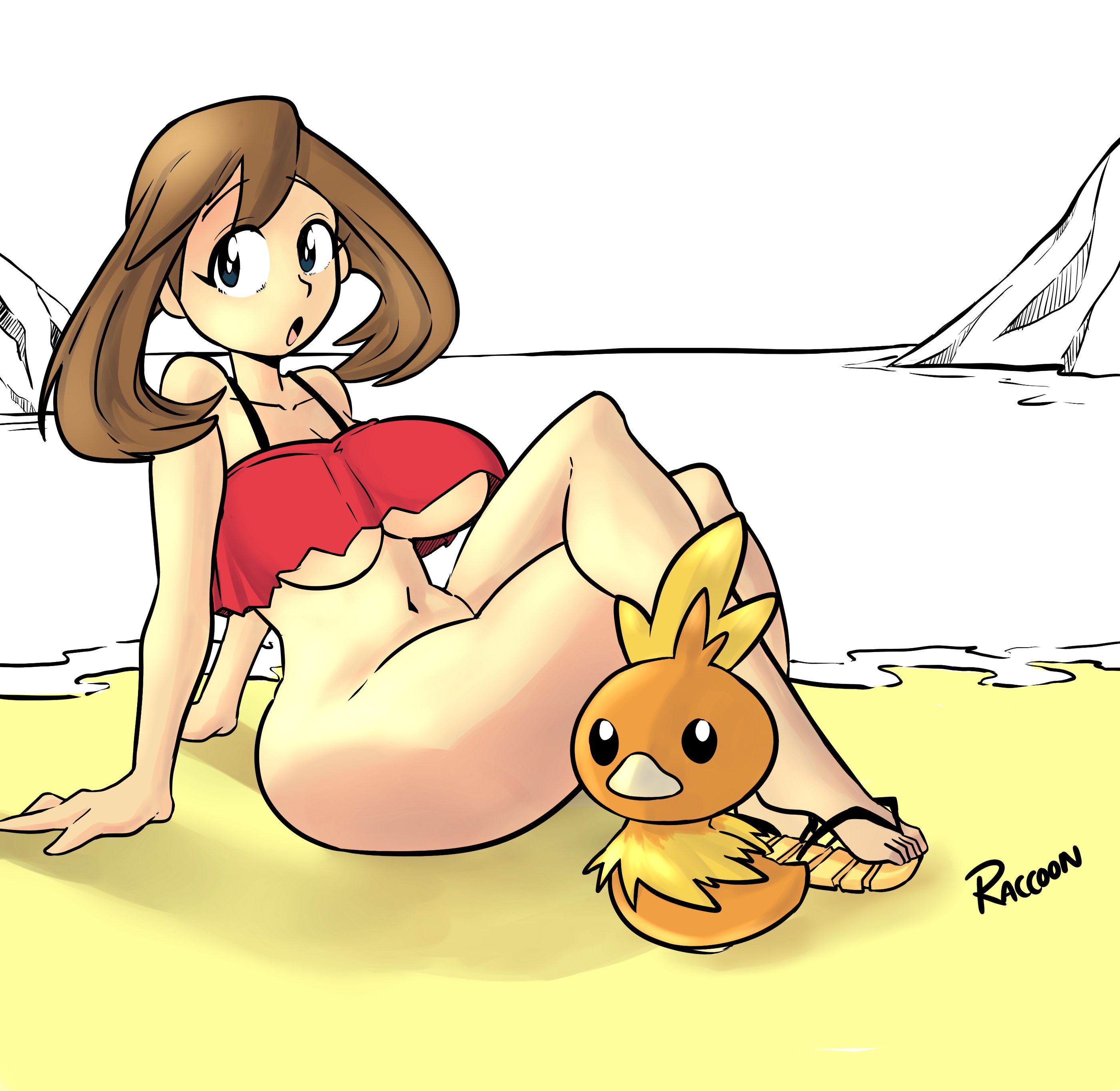 1girls, beach, big breasts, bottomless, breasts, brown hair, female, human, large breasts, light skin, light-skinned female, may (pokemon), navel, nintendo, pale skin, pale-skinned female, partially colored, pokemon, pokemon rse, raccoonserver, thick thighs, thighs, torchic, voluptuous, wide hips