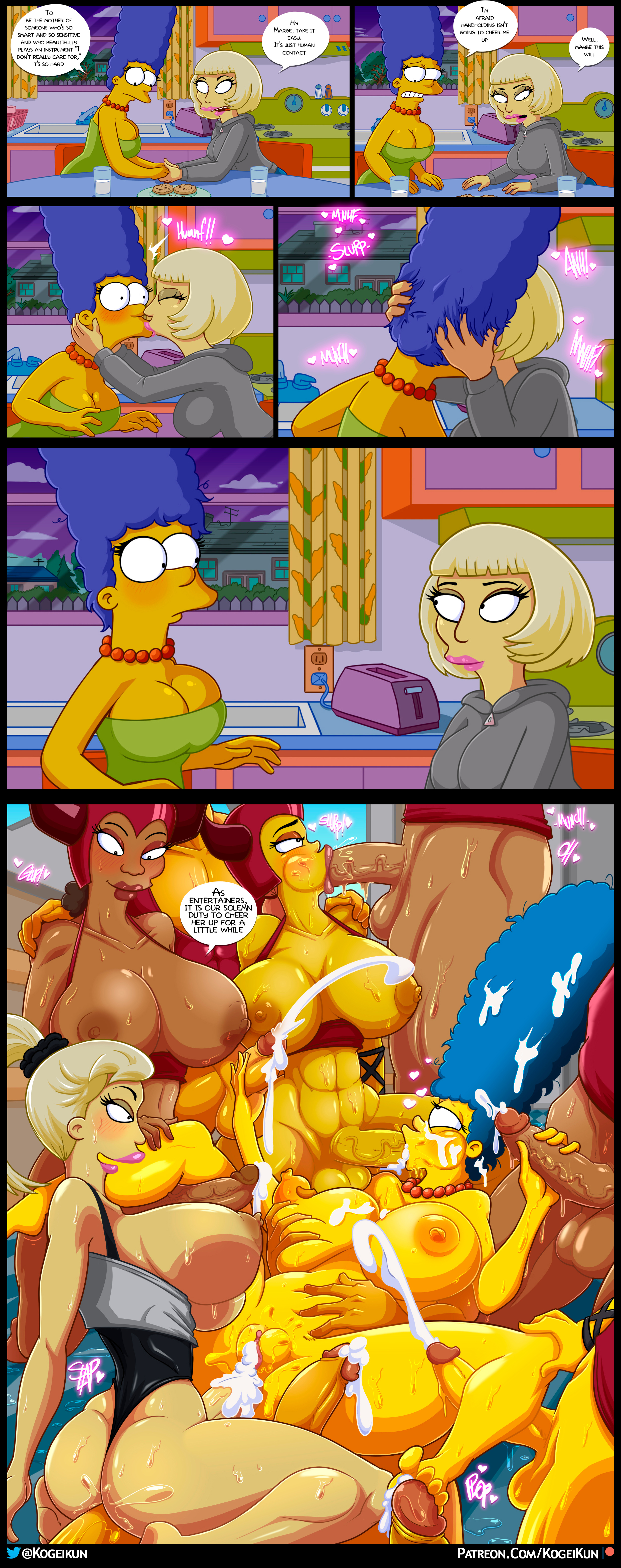 1girls, 20th century fox, 3futas, afro, anal, bisexual, blue hair, breasts, busty, cheating, cucked by futa, cuckold, cum in hair, cum in pussy, cum leaking, dark skin, dark-skinned female, english text, fellatio, female, female penetrated, futa on female, futanari, gangbang, group, hand on stomach, instant loss 2koma, intersex, kissing, kitchen, kogeikun, lady gaga, long hair, male, male penetrating, marge simpson, necklace, netorare, ntr, oral, orgy, ponytail, pussy, squeezing breast, straight, text, the simpsons, unseen male face, vaginal penetration, vaginal sex, voluptuous, yellow skin