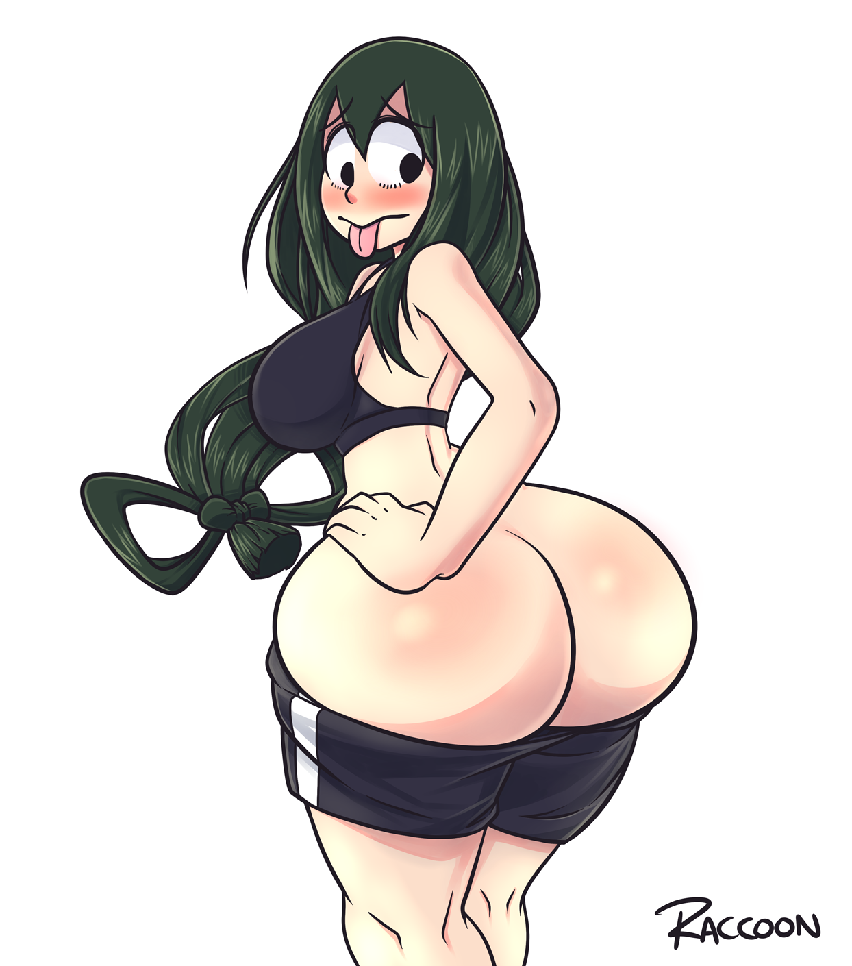 1girls, ass, ass cleavage, ass crack, ass focus, big ass, big butt, blush, bottom heavy, breasts, bubble ass, bubble butt, bursting butt, busty, butt crack, butt focus, female, green hair, green-haired female, huge ass, huge breasts, large ass, light skin, light-skinned female, long hair, looking back, my hero academia, pale skin, pale-skinned female, raccoonserver, shorts, shorts down, standing, teenager, thick ass, tight clothing, tongue, tongue out, tsuyu asui, white background