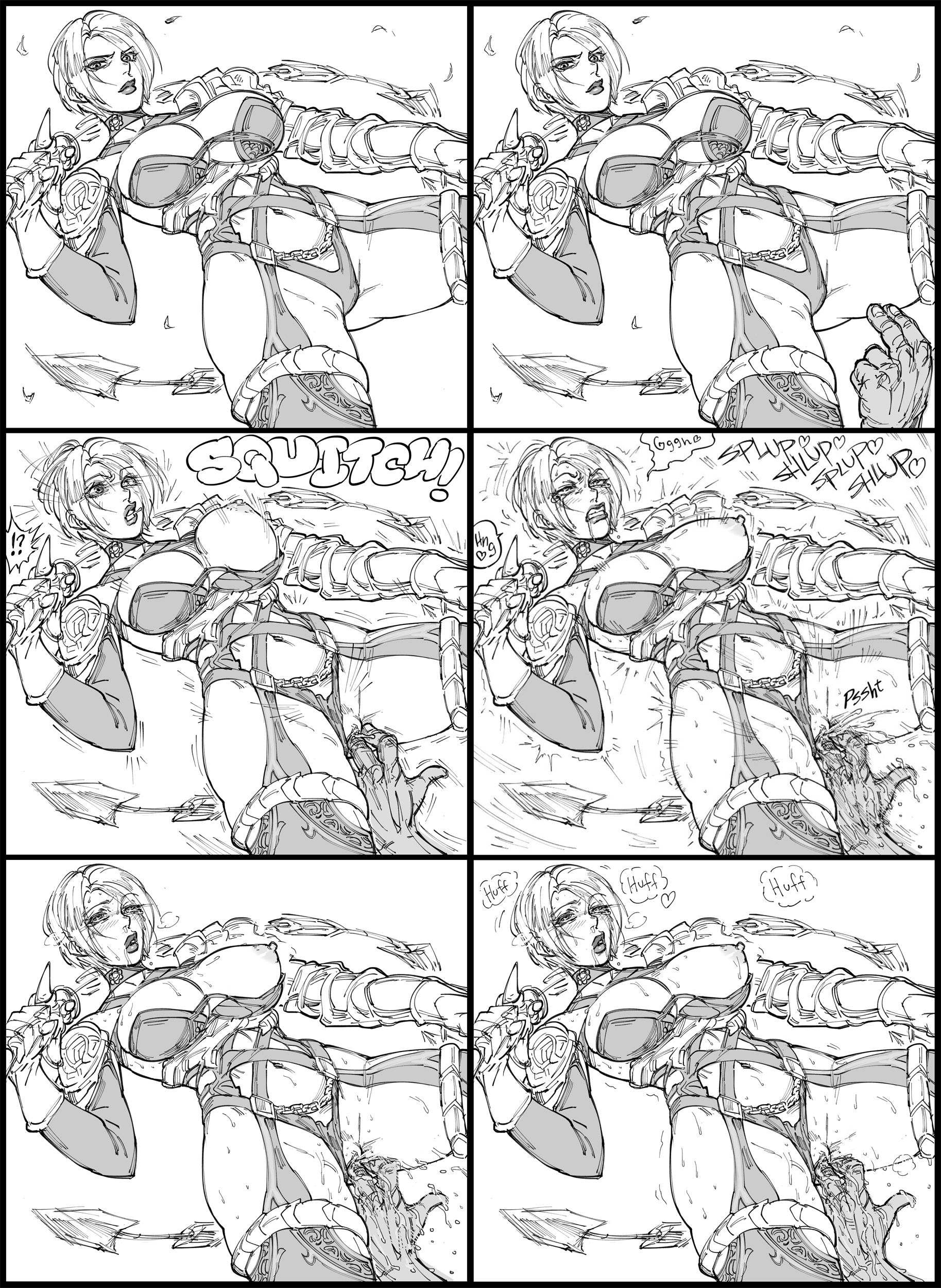 1boy, 1girls, action pose, areola slip, areolae, arm sleeves, armwear, athletic, athletic female, bb (baalbuddy), before and after, big breasts, bodysuit, breast slip, breasts, breasts out, busty, choker, cleavage, clitoris, collar, comic, drool, drooling, ejaculation, erect nipples, eyeshadow, female, female focus, female masturbation, fingering, garter belt, hourglass figure, huge breasts, isabella valentine, large breasts, leotard, leotard aside, line art, lipstick, male, mascara, monochrome, namco, navel, nipple slip, nipples, orgasm, orgasm face, overflowing breasts, pinup, pose, posing, pussy, pussy ejaculation, pussy juice, pussy juice drip, pussy juice stain, pussy juice trail, revealing clothes, saliva, saliva trail, shaking, shivering, short hair, shoulder pads, skimpy, skimpy armor, skimpy bodysuit, skimpy clothes, soul calibur, spread legs, squirt, squirting, standing, sweat, sword, tagme, thick thighs, thighhighs, vagina, vaginal insertion, vaginal masturbation, vaginal penetration, vaginal sex, wet, wet pussy, white hair, wide hips