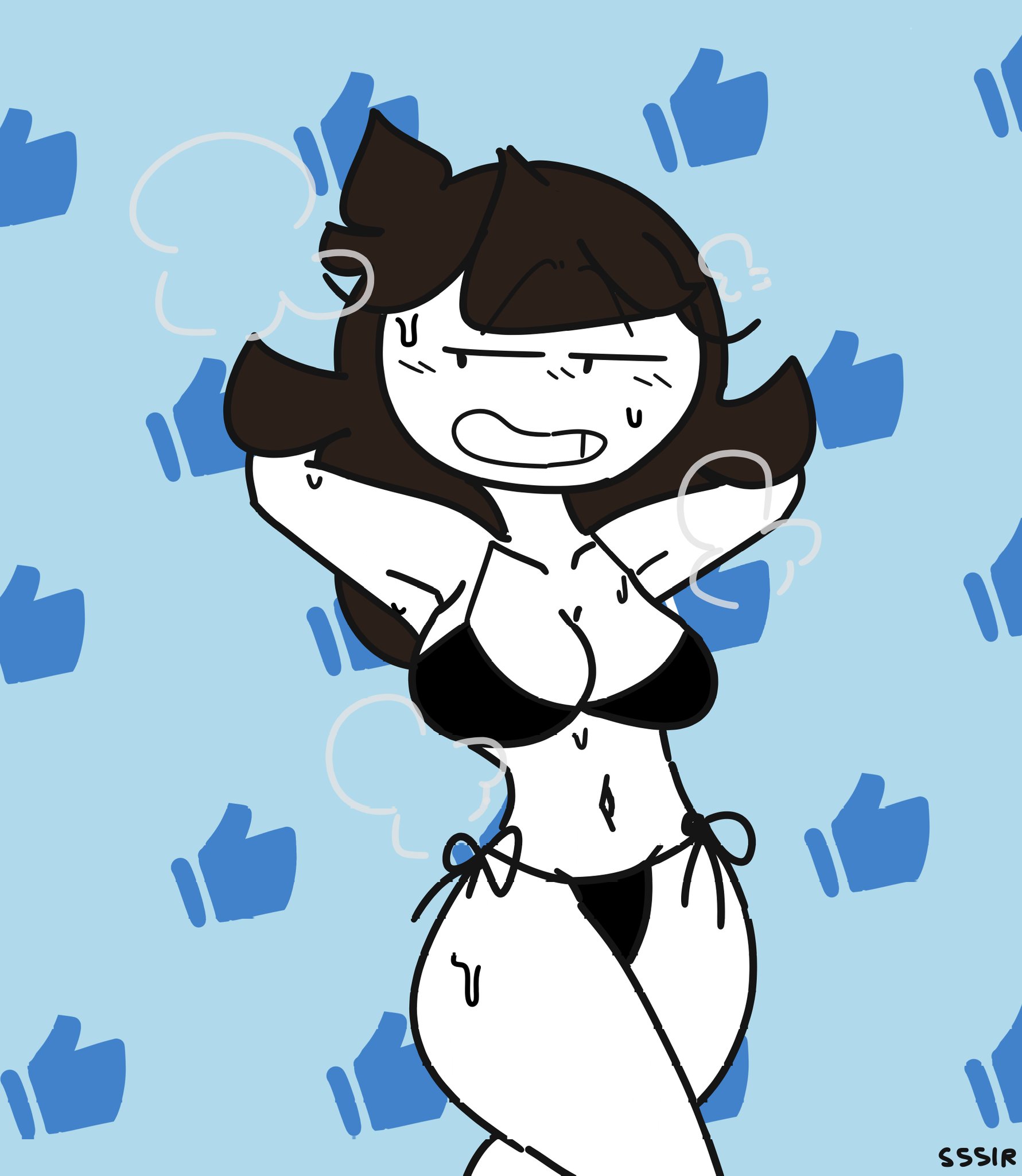 1girls, 2020, armpits, ass, big ass, big breasts, big butt, bikini, bimbo, blue background, blush, breasts, brown hair, female, hands behind head, huge breasts, jaiden, jaiden animations, looking to the side, mob face, seductive look, shirt, short hair, slobbyslapper, smile, solo, sssir, sssir8, sweat, white skin, youtube