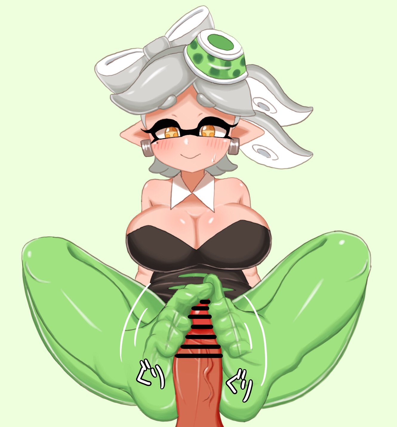 1boy 1boy1girl 1girls big_breasts blush censor_bar clothed clothed_footjob dark-skinned_male disembodied_penis feet female foot_fetish footjob footjob_with_legwear inkling large_breasts looking_down marie_(splatoon) nintendo pen_(artist) penis splatoon sweatdrop yellow_eyes