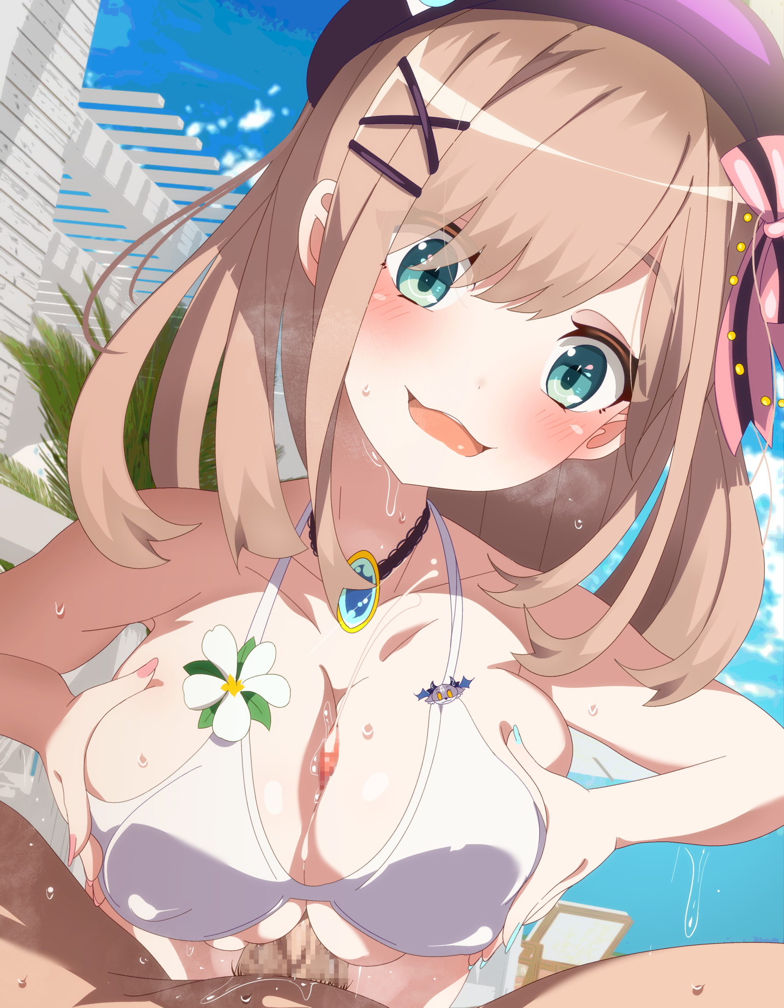 1boy, 1girls, big breasts, bikini, blue eyes, blush, breasts, cum, cum between breasts, ejaculation, female, large breasts, male, nijisanji, paizuri, penis, straight, suzuhara lulu, suzuhara ruru, swimsuit, tagme, takashia (akimototakashia), virtual youtuber, white bikini top