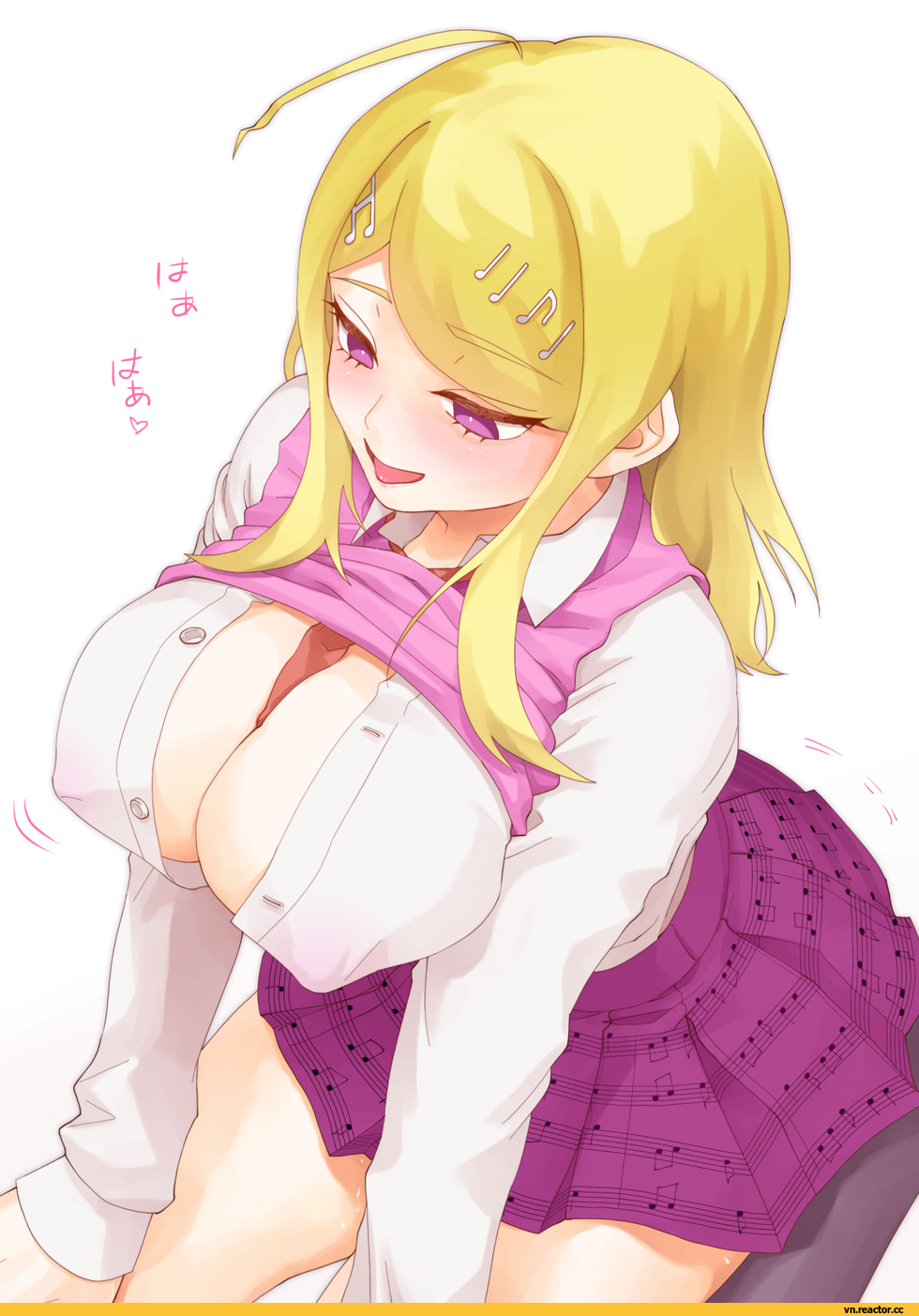 ahoge, akamatsu kaede, big breasts, blonde hair, breasts, clothing, danganronpa, danganronpa v3, female, hairclip, looking at another, looking down, new danganronpa v3, pink eyes, shirt, simple background, smirk