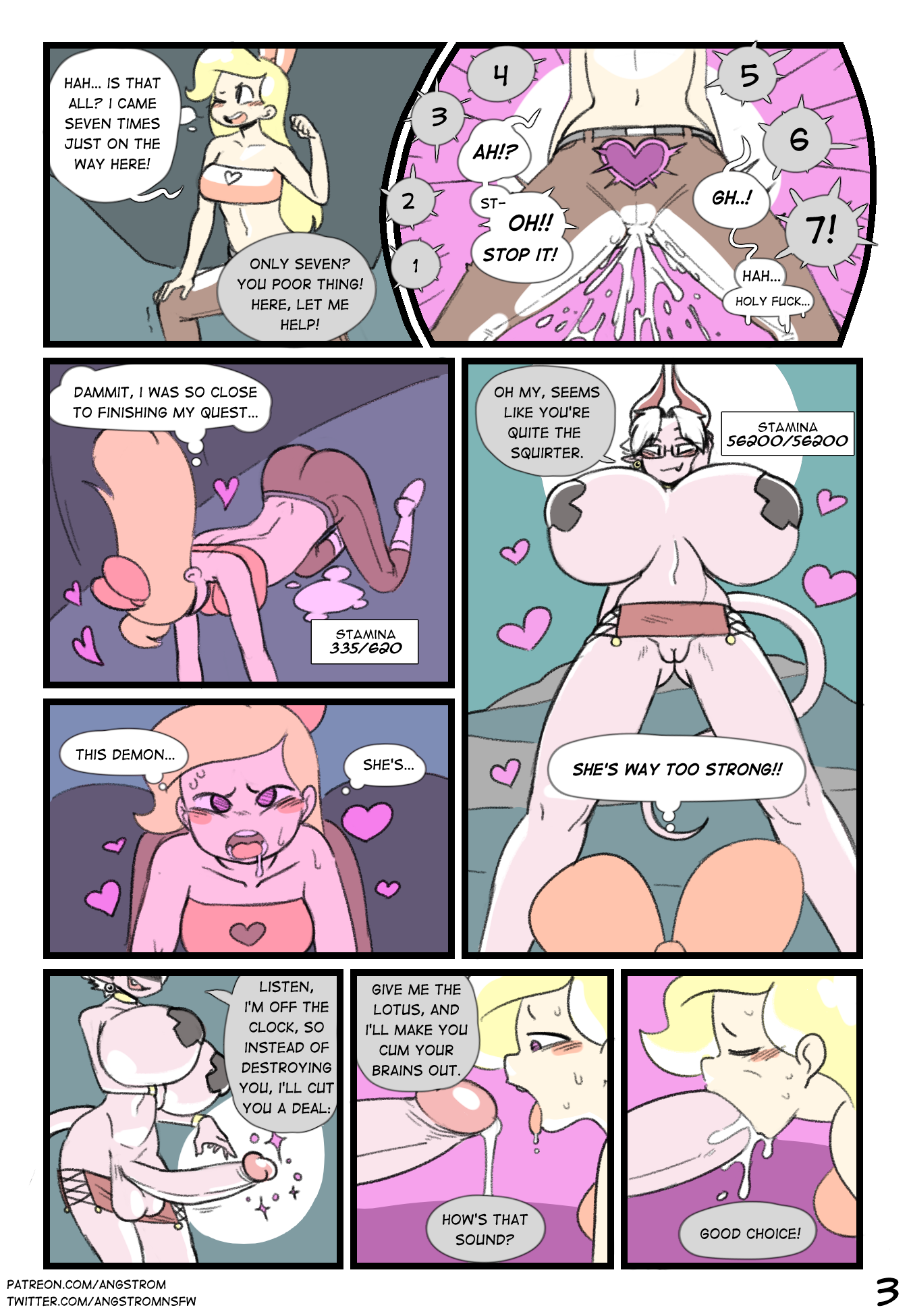 2019, 5 fingers, all fours, angstrom, balls, big breasts, big penis, blonde hair, blush, bodily fluids, breasts, clothed, clothing, comic, comic page, demon, dialogue, digital media (artwork), duo, ejaculation, english text, eyewear, felicity (angstrom), fellatio, female, female penetrated, fingers, futa penetrating, futa penetrating female, futa/female, futanari, genital fluids, genitals, glasses, gloria (angstrom), hair, heart, hi res, horn, huge breasts, huge cock, human, humanoid genitalia, humanoid penis, instant orgasm, intersex, intersex penetrating, intersex penetrating female, intersex/female, mammal, one eye closed, open mouth, oral, oral penetration, orgasm, original, original character, original characters, page 3, page number, penetration, penile, penile penetration, penis, pussy, pussy ejaculation, pussy juice, sex, speech bubble, standing, text, thought bubble, tongue, tongue out, url, white hair