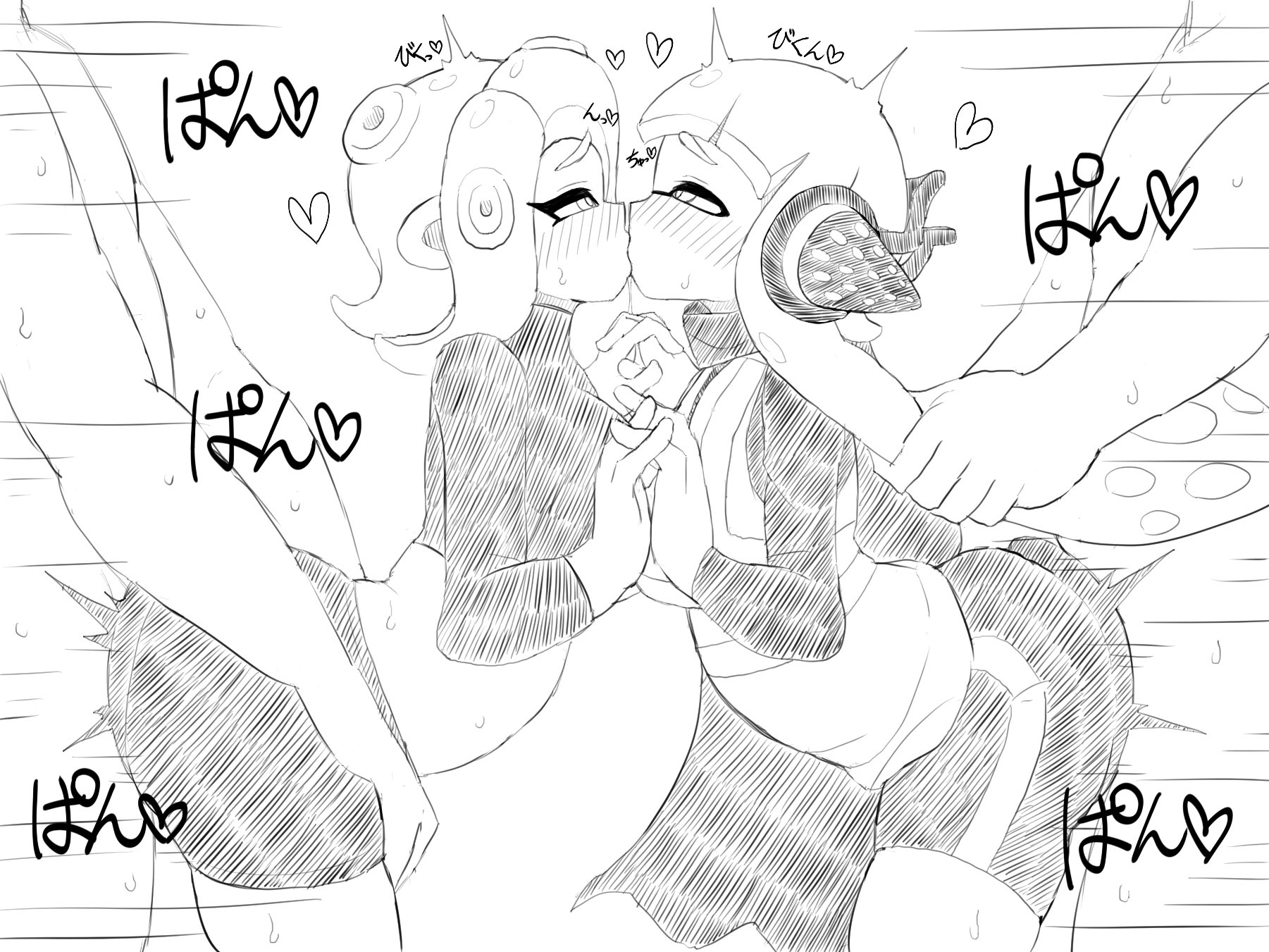 2boys, 2girls, agent 3 (octo expansion), agent 3 (splatoon), agent 8 (octo expansion), agent 8 (splatoon), ambiguous penetration, big breasts, bisexual, bisexual female, blush, breasts, clothed female nude male, clothed sex, doggy style, female, hair pull, holding hands, human, human on humanoid, humanoid, inkling, inkling girl, interspecies, kissing, long hair, looking pleasured, male, monochrome, motion lines, nintendo, octoling, octoling girl, onomatopoeia, pen (artist), short hair, splatoon, splatoon 2, splatoon 2: octo expansion