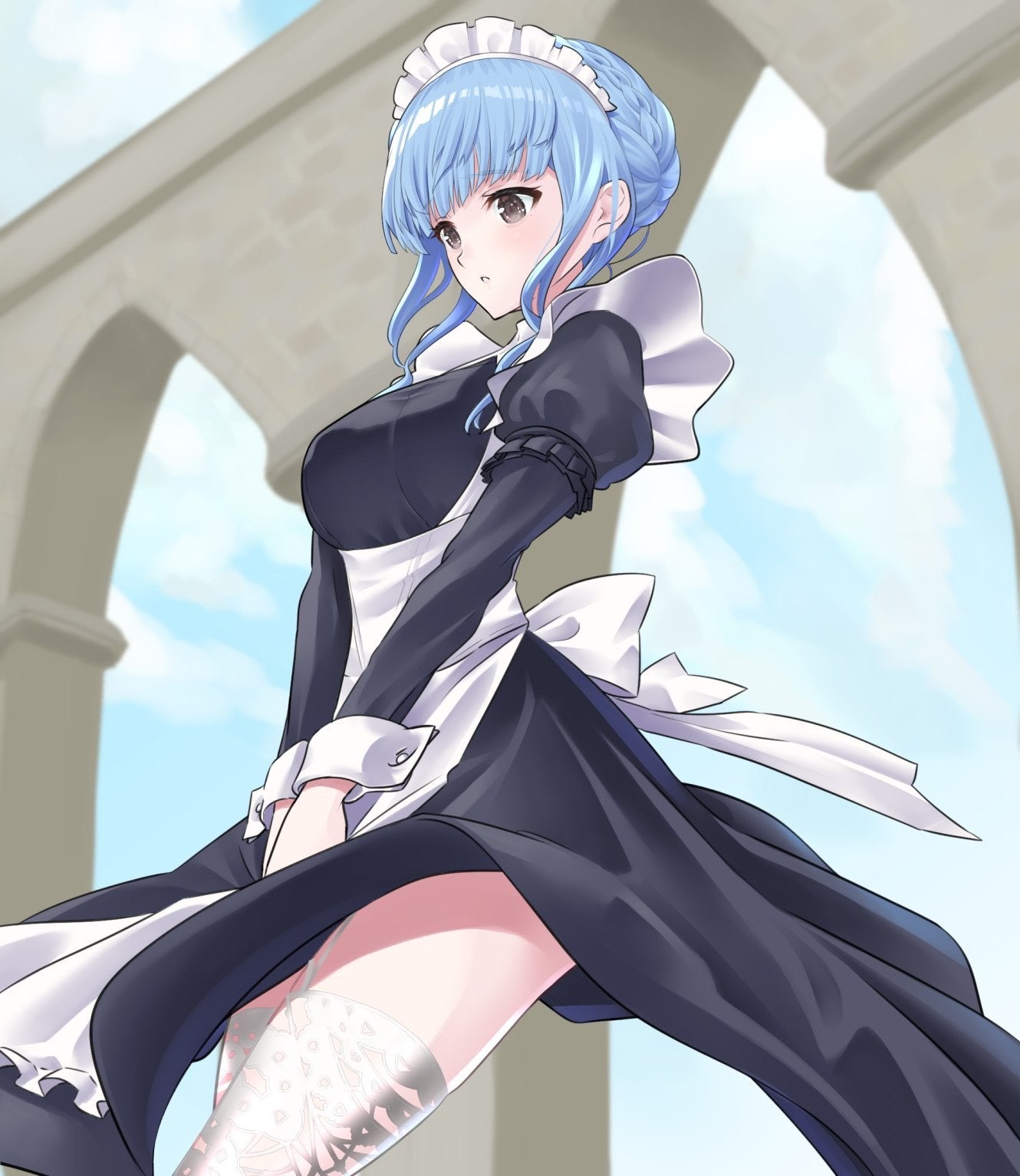 blue hair, braided hair, brown eyes, crown braid, dollinger, female, fire emblem, fire emblem: three houses, legs, light blue hair, maid, maid headdress, marianne von edmund, nintendo, thighhighs