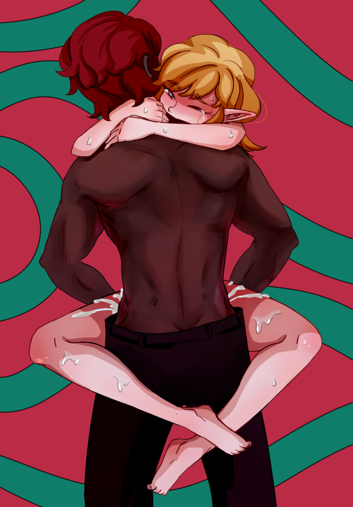 2boys, blonde hair, blush, cum, cum overflow, dark skin, femboy, ganondorf, gay, leg lock, legs wrapped around partner, link, male, nintendo, pointy ears, red hair, tears, the legend of zelda, topless, trap, w.miumiu, yaoi