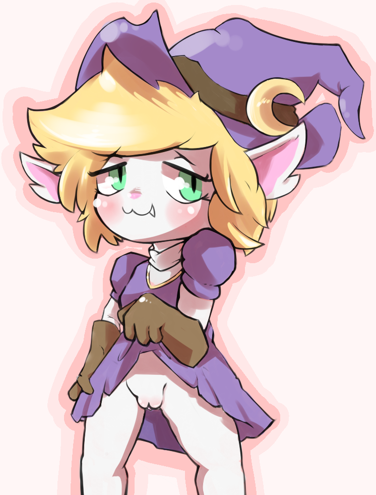 bewitching_tristana big_ears blush clothed clothing clothing_lift dress dress_lift female genitals green_eyes hair hat headgear headwear humanoid league_of_legends magic magic_user mondocool4 pussy riot_games shortstack solo tales_from_the_rift_series tristana video_games witch witch_hat wizard_hat yordle