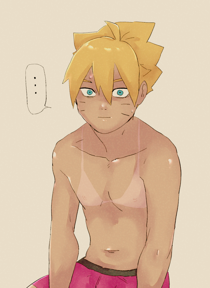 1boy 49raspberry bikini_tan blonde_hair blue_eyes boruto:_naruto_next_generations femboy male male_only naruto naruto_(series) solo solo_focus solo_male sweat sweatdrop tan_skin tanline topless topless_male uzumaki_boruto whisker_markings whiskers