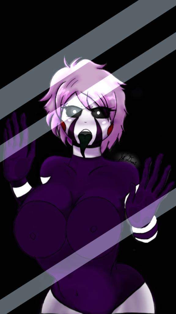 1girls, against glass, black eyes, black tongue, blush, breasts, breasts on glass, female, female only, five nights at freddy's, five nights at freddy's 2, five nights in anime, ls, marionette (fnaf), nipples, puppet (fnaf), puppet (fnia), purple hair, purple skin, scottgames, solo, tongue, tongue out, white eyes