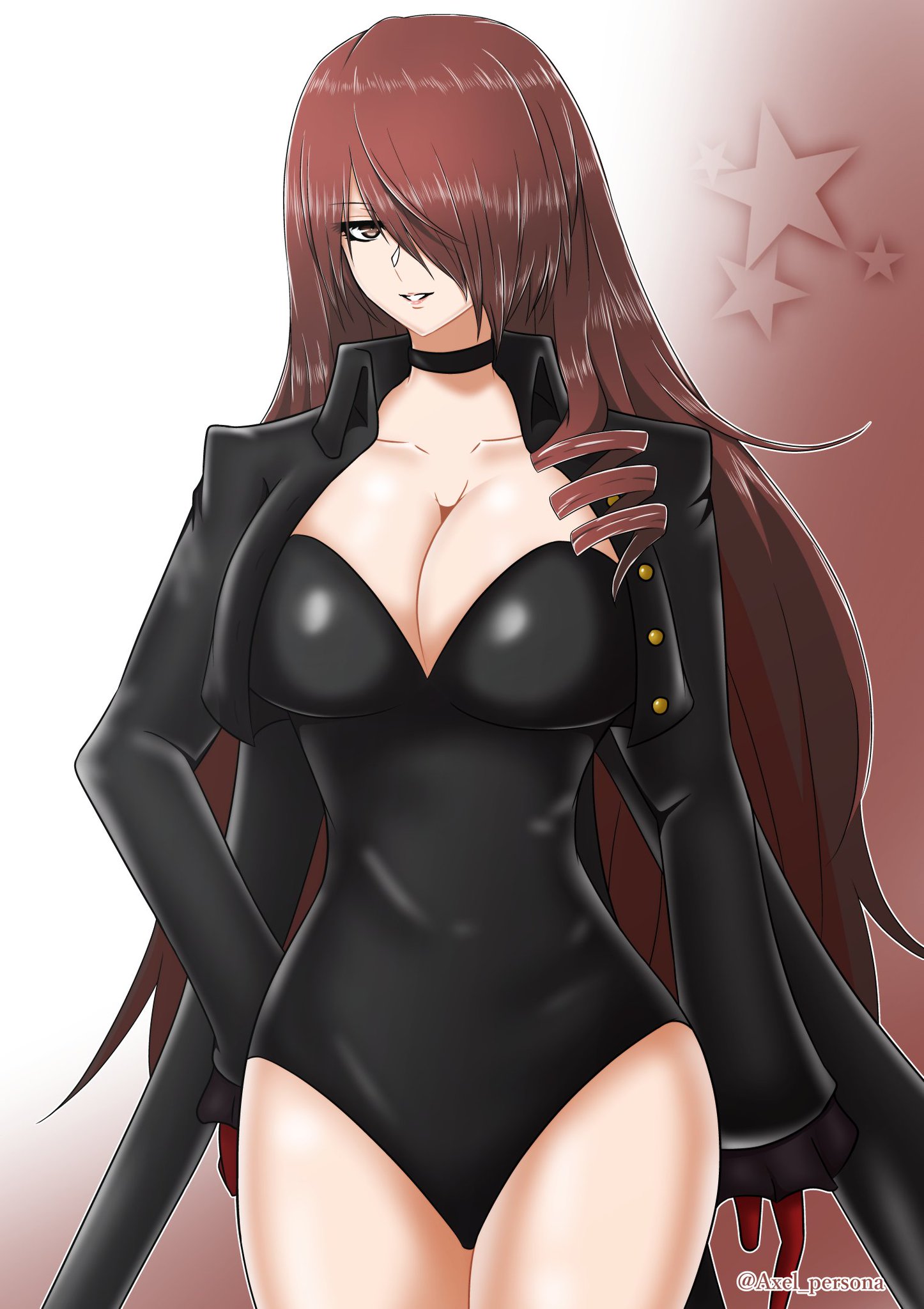 1girls, atlus, axel persona, big breasts, black leotard, breasts, choker, cosplay, female, female only, hourglass figure, huge breasts, kasumi yoshizawa, kasumi yoshizawa (cosplay), large breasts, leotard, long hair, megami tensei, mitsuru kirijo, persona, persona 3, persona 5, persona 5 royal, phantom thief suit, red eyes, red hair, sumire yoshizawa, wide hips