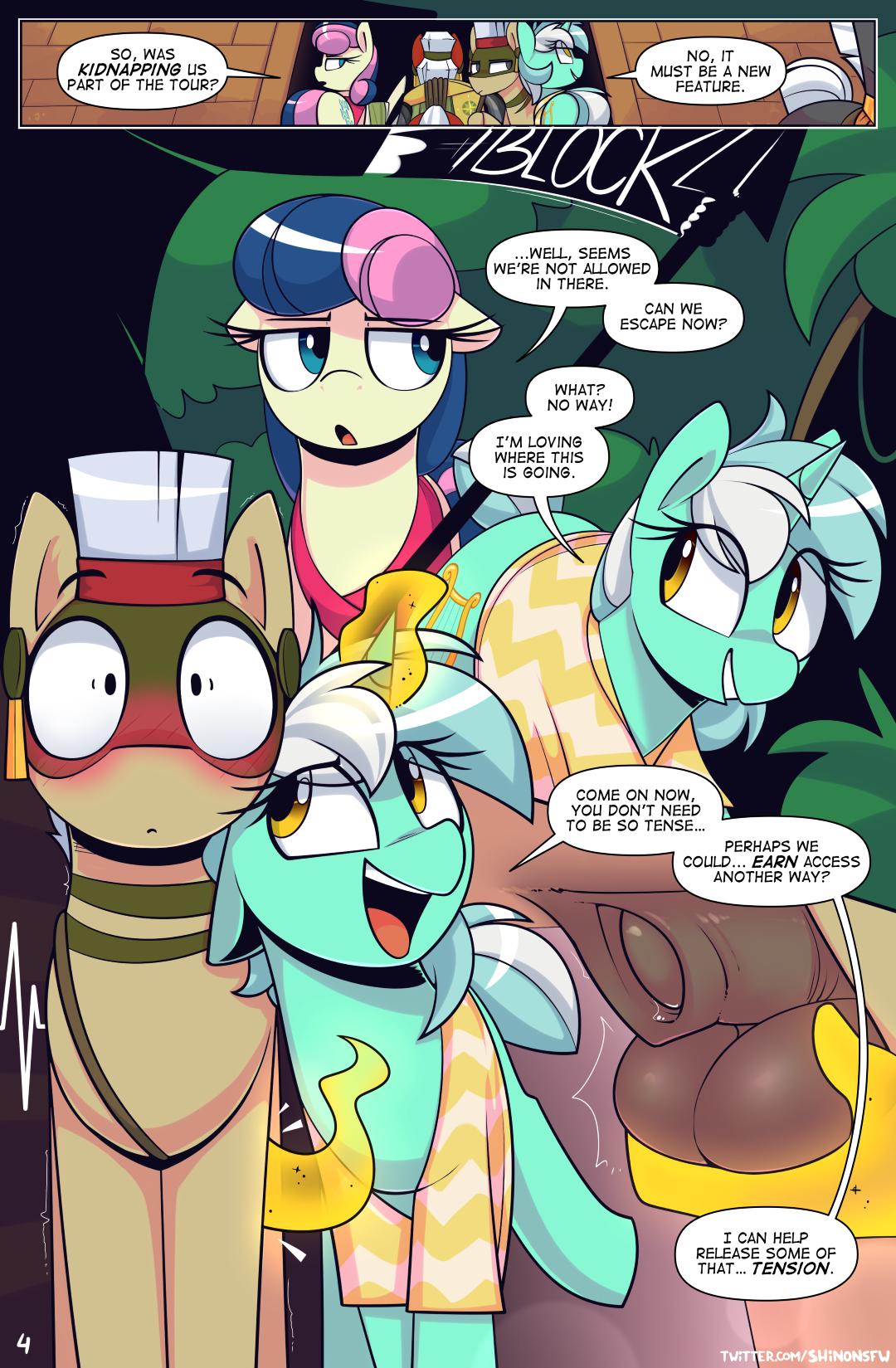 2020 2020s 2girls animal_genitalia animal_penis ball_fondling balls blue_eyes blue_hair blush blushing bonbon_(mlp) clothing comic cutie_mark dialogue english_text equid equine equine_penis eyelashes female feral fondling friendship_is_magic fully_sheathed fur furry genitals green_body green_fur green_horn grey_body grey_eyes grey_fur group hair hasbro hi_res horn horse looking_at_another lyra_heartstrings_(mlp) magic male mammal markings melee_weapon mild_tomboy moderate_tomboy motion_lines multicolored_hair my_little_pony open_mouth page_4 penis pink_hair polearm pony raised_leg red_body red_fur rope shaking sheath shinodage shivering smile sound_effects spear speech_bubble text tomboys twitter_username two_tone_hair unicorn url weapon white_hair yellow_body yellow_eyes yellow_fur