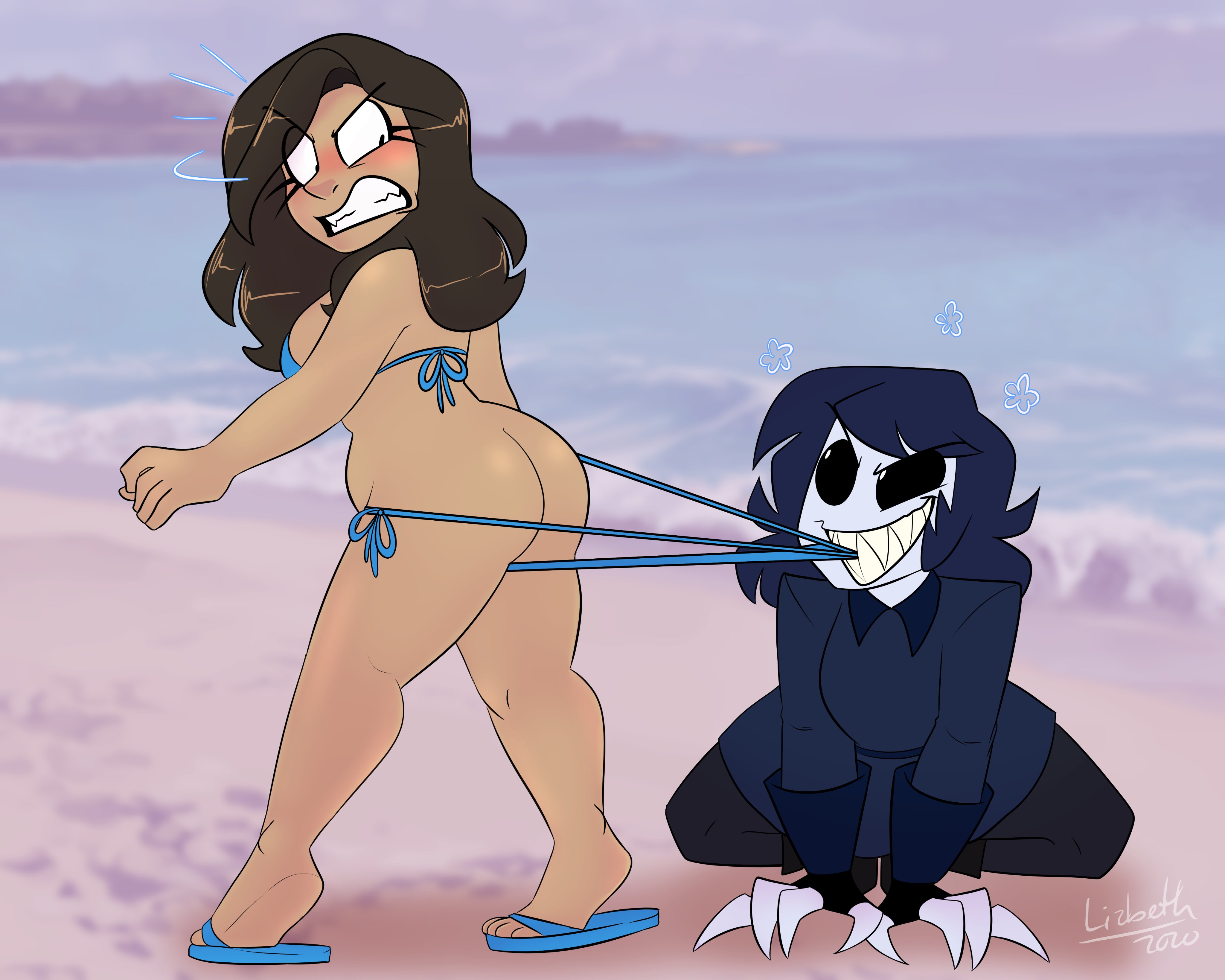2020, 2girls, angry, annoyed, artist self-insert, ass, beach, big ass, bikini, biting clothes, black boots, black eyes, black gloves, black pants, black sclera, blue bikini, blue hair, blue shirt, blue swimsuit, boots, breasts, brown hair, character request, chubby, chubby female, claws, clenched teeth, copyright request, curvy, dated, demon, demon girl, eyebrows visible through hair, eyelashes, female, female only, fingerless gloves, gloves, highres, huge ass, huge butt, human, large ass, latina, liziedoodle, lizielewddle, lizielewddle (character), long hair, looking at another, looking back, looking down, monster, monster girl, ocean, open toe shoes, original, outdoors, overweight, overweight female, pants, peonypetals, public, sandals, sea, sexually suggestive, sharp teeth, shiny skin, shirt, side-tie bikini, signature, smile, smiling, squatting, standing, swimsuit, teeth, thick thighs, undressing, undressing another, water, white eyes, wide hips