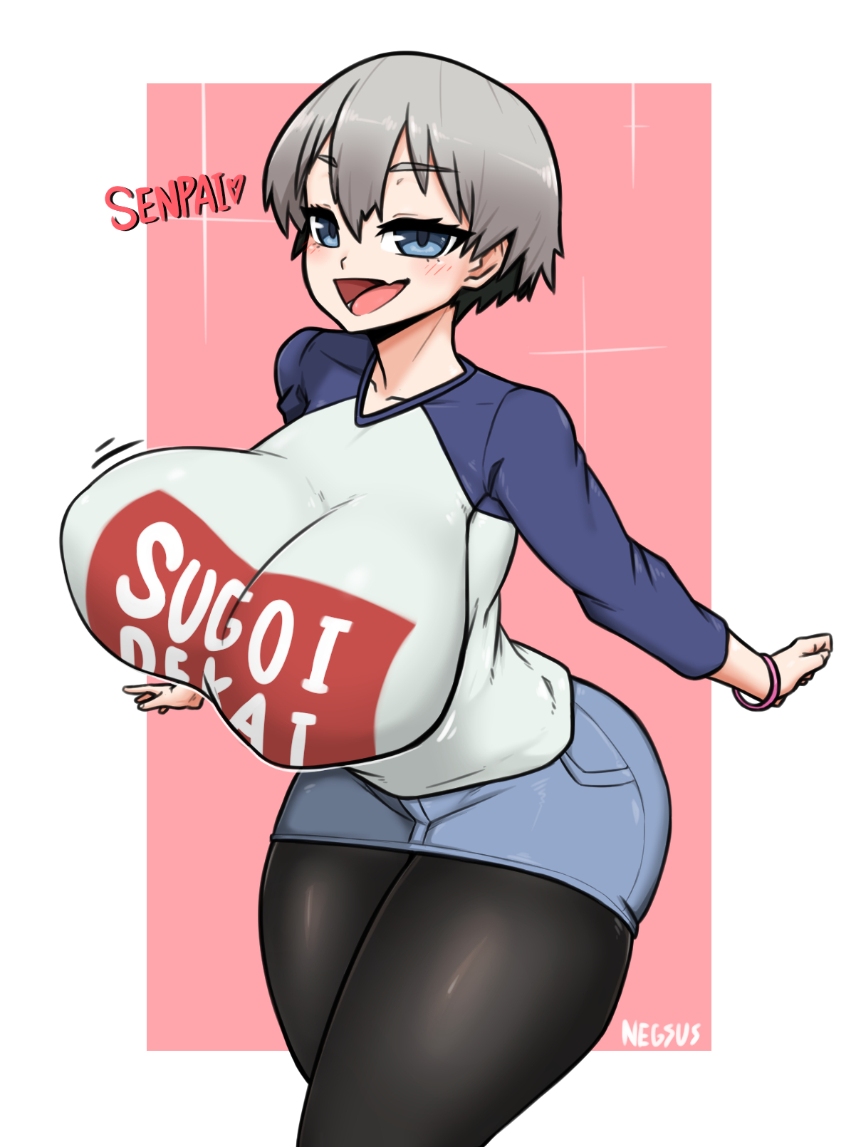 1girls, big breasts, breasts, female, grey hair, huge breasts, huge thighs, large breasts, leggings, light skin, light-skinned female, negsus, pale skin, pale-skinned female, short hair, shorts, text, thick thighs, thighs, tight clothing, uzaki hana, uzaki-chan wa asobitai!