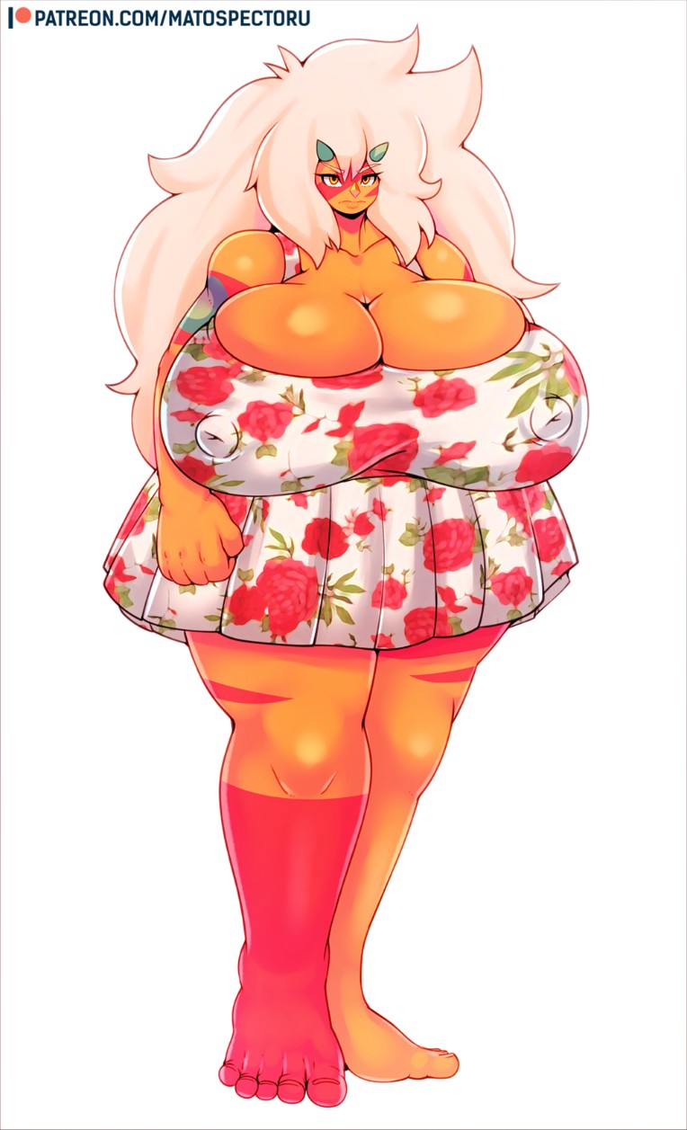 barefoot, breast expansion, breast growth, breast growth (enlargement), breasts, dress, female, floral print, gem (species), gigantic breasts, horns, huge thighs, jasper (steven universe), long hair, matospectoru, muscular, muscular female, nipples visible through clothing, orange skin, steven universe, stripes, thick thighs, white hair, wide hips, yellow eyes