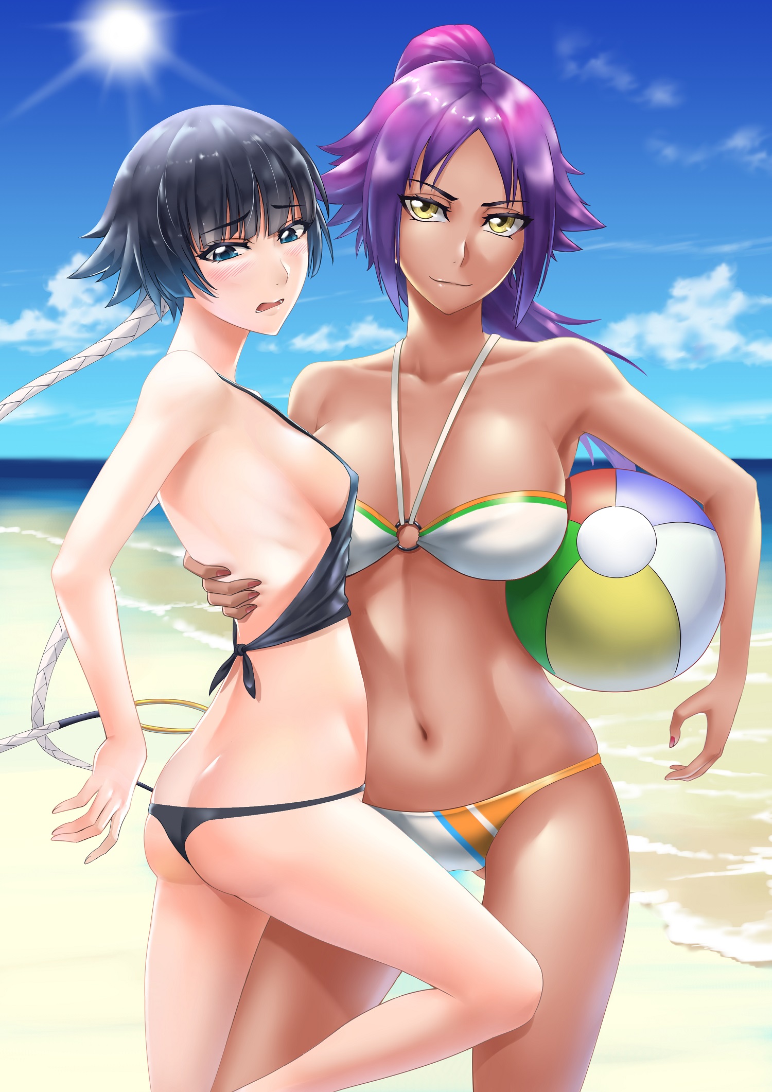 2girls, ass, beach, beach ball, big breasts, bleach, blue eyes, blue hair, blush, breasts, chocolate and vanilla, dark skin, dark-skinned female, embarrassed, female, female only, holding object, holding partner, looking at viewer, looking away, ocean, purple hair, raised leg, sakuya (liao kj), sand, shihouin yoruichi, sideboob, small breasts, soifon, sui-feng, swimsuit, tied hair, water, yellow eyes